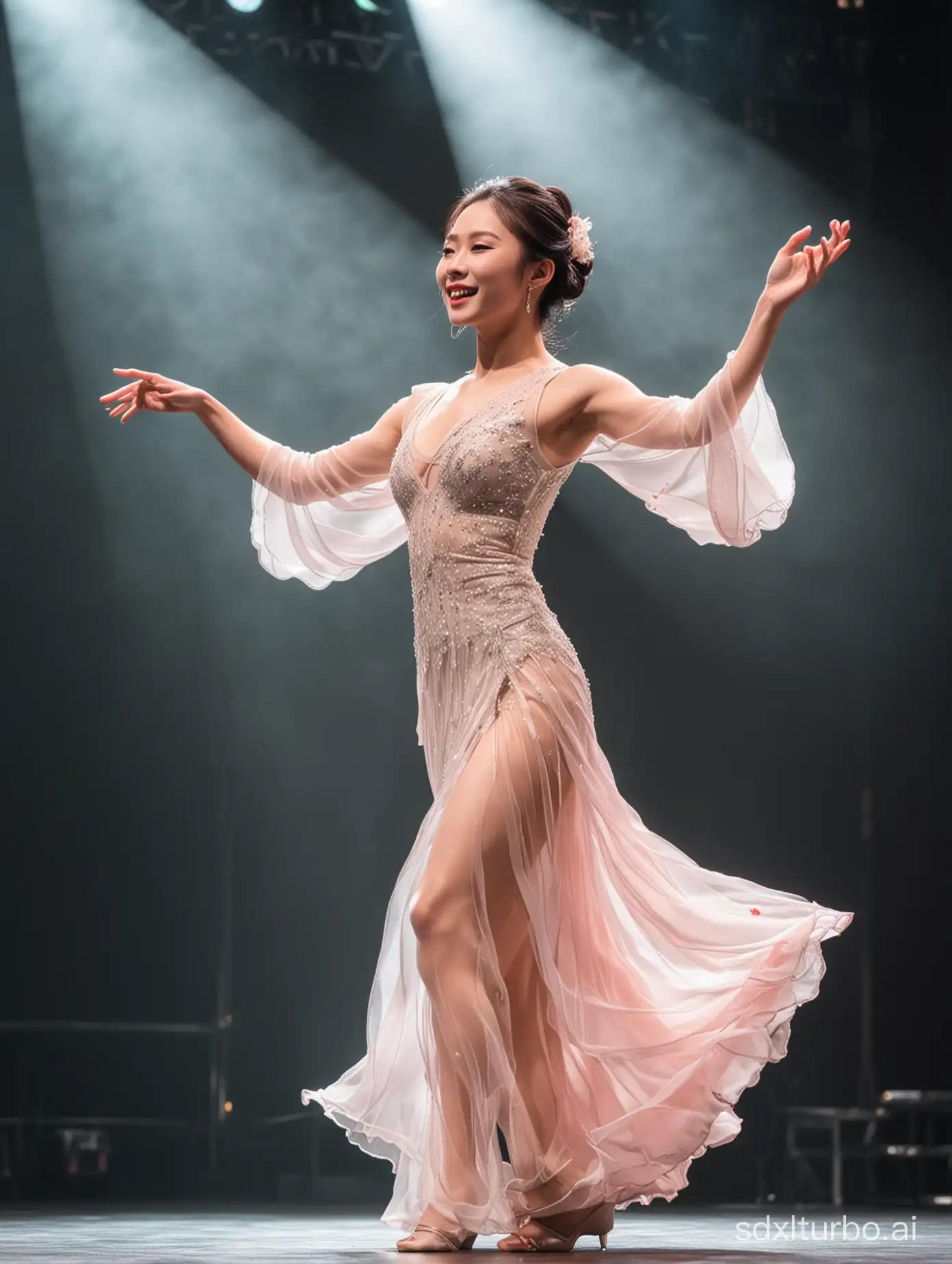 A beautiful Chinese woman dances passionately on the stage.