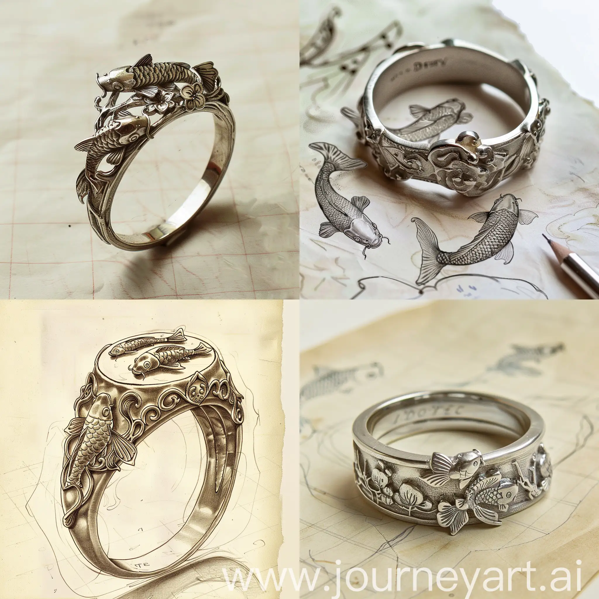 Art-Nouveau-Style-Silver-Ring-with-Japonisme-Koi-Carp-Sketch-on-Parchment-Paper