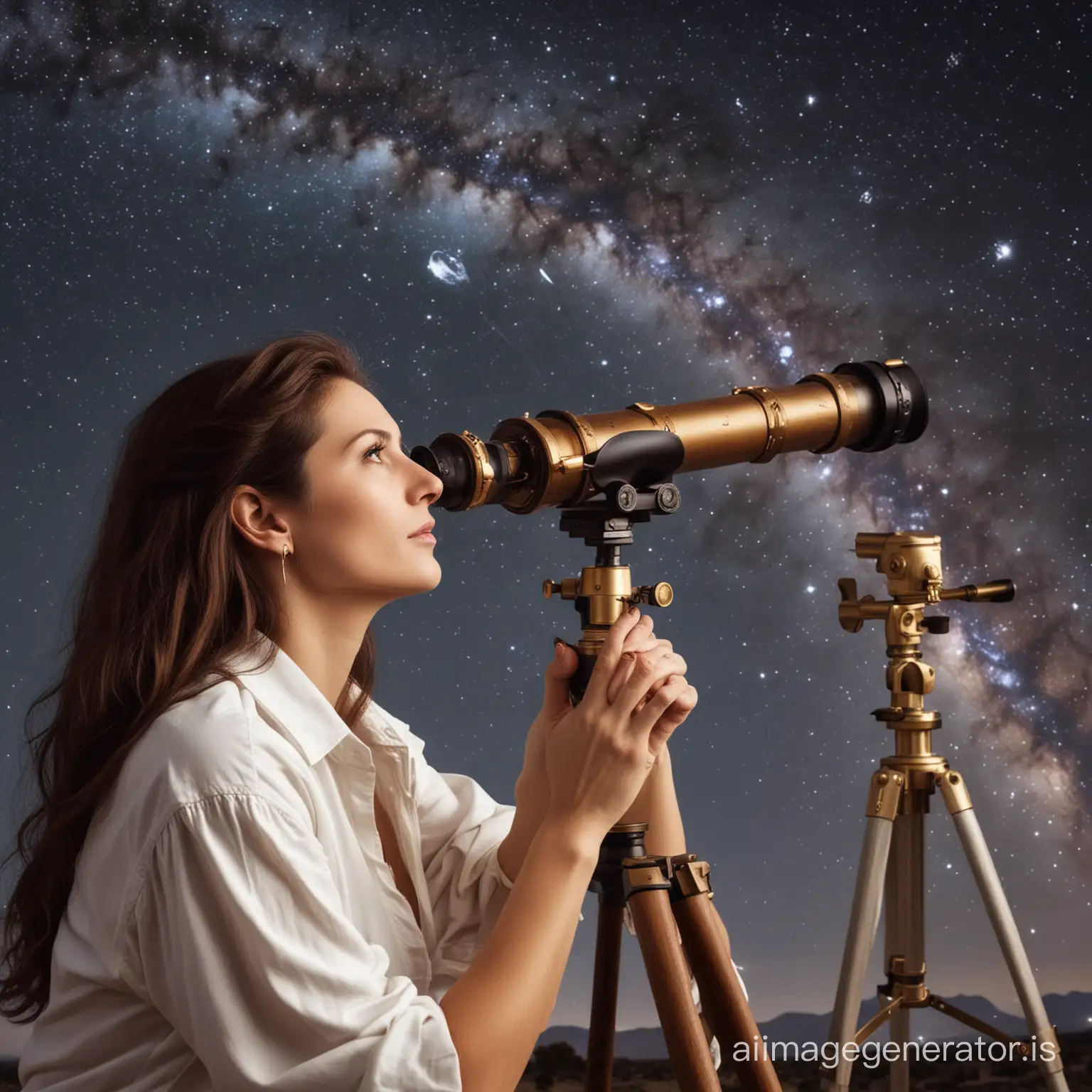 Western female astrologer, watching astronomy through a telescope, 12 zodiac signs