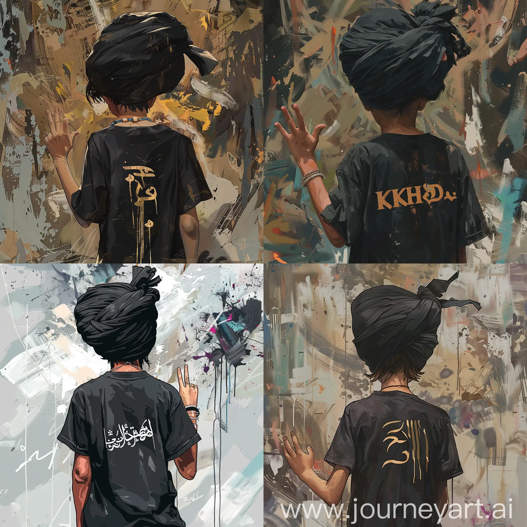 a sikh teenger boy with black t shirt,back view,on his t Shirt back Khanda is printed,he is weairng black turban,cool hand sign,background is artsitic work which defines criticism against him,Anime style with mix of artistic painting style.