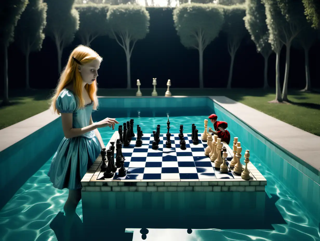 Surrealistic Chess Game in a Swimming Pool with Alice and Peter Pan