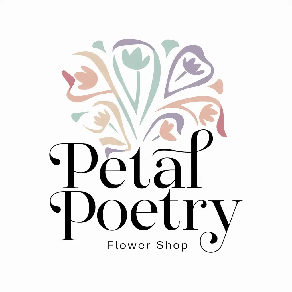 Make a flower shop logo with the name "Petal Poetry" Make it creative, unique, fun, and modern. USe negative space. MAKE IT APPEALING TO THE EYES AND NOT LOOKING OLD. Use modern graphics. dont use realistic graphics. USe pastels. MAKE IT APPEALING AND BEAUTIFUL AND YOUTHFUL. USE DISPLAY FONT TYPES. USE PASTEL COLORS. MAKE IT APPEALING
