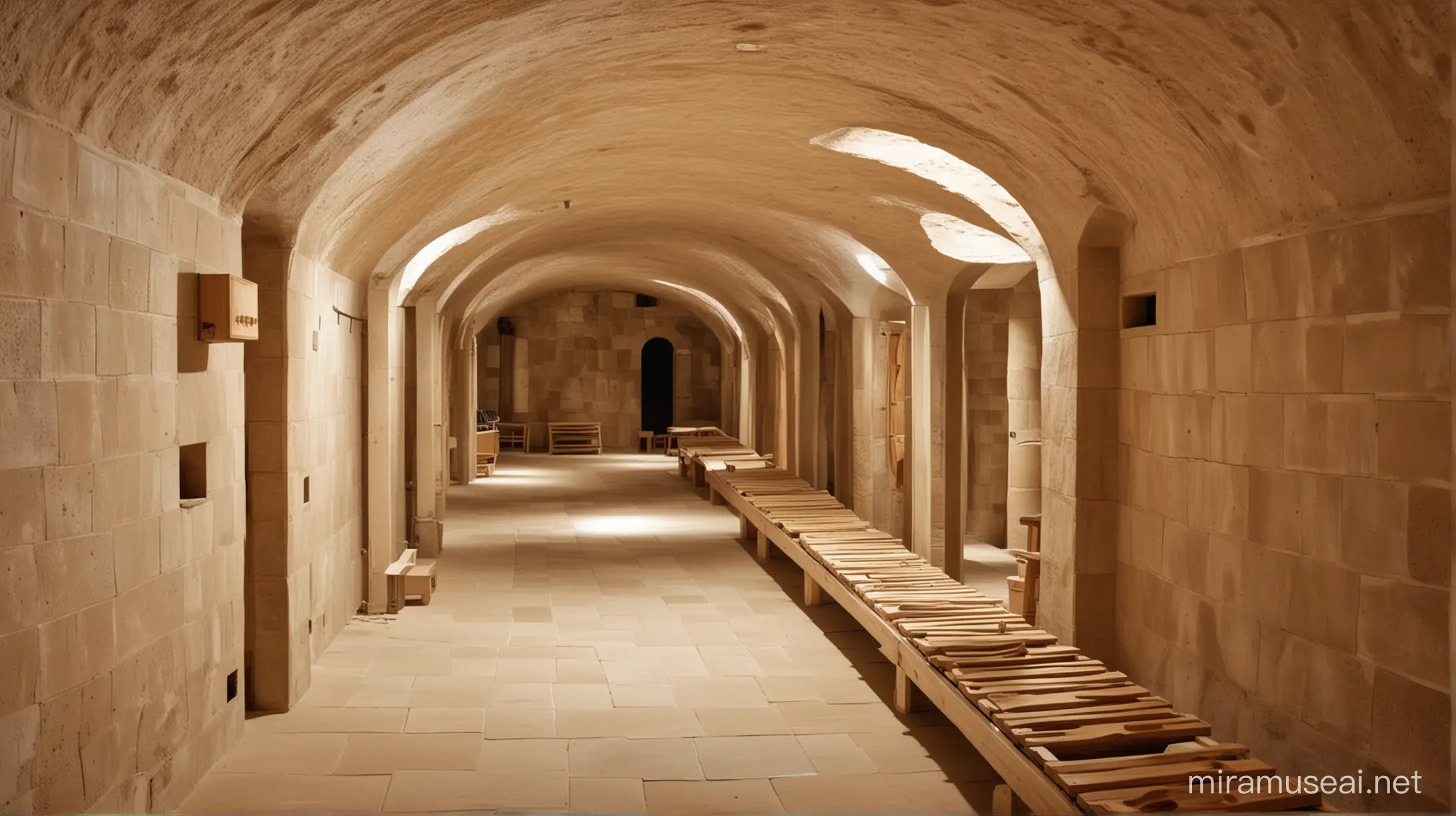 An elongated catacomb with vaulted ceilings and no windows, featuring installed saunas.
