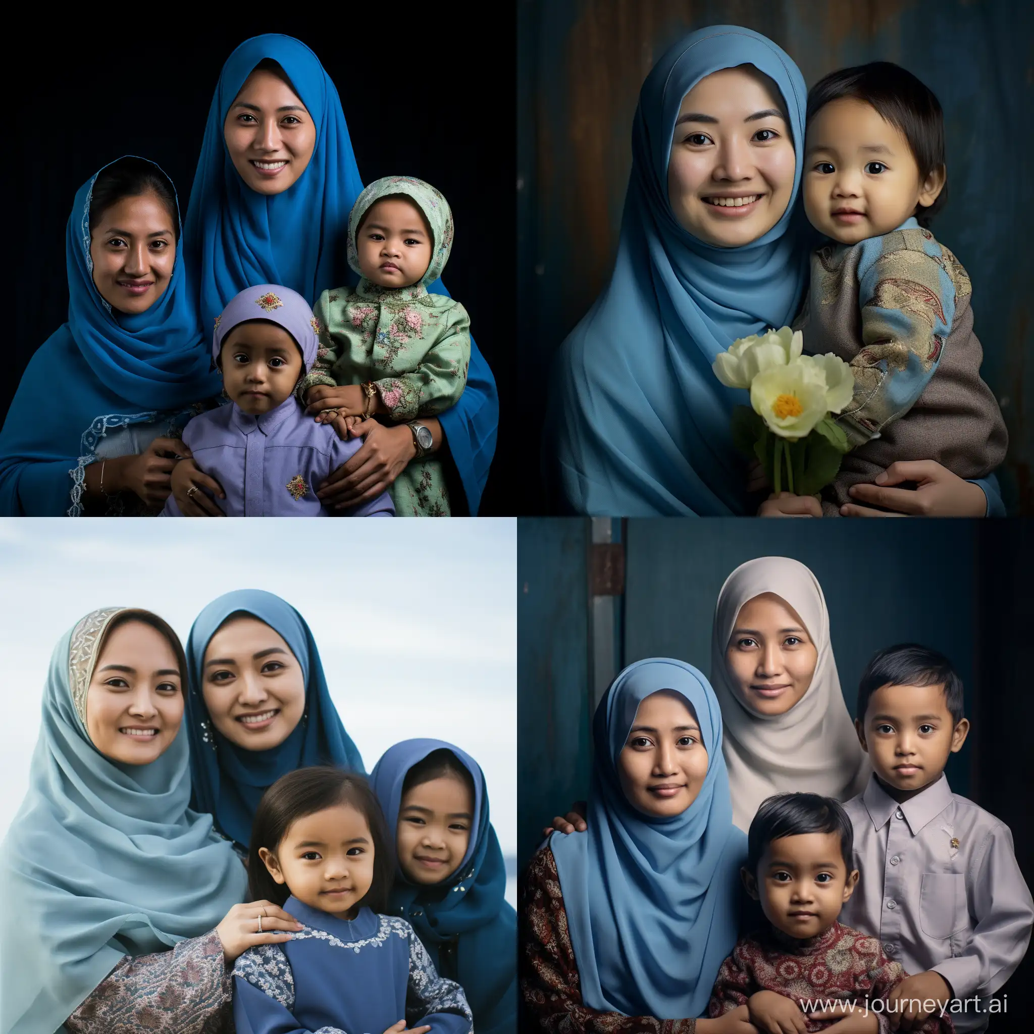 A family portrait of an Indonesian family with a beautiful 30-year-old mother with a round face, wearing a fashionable sky blue hijab combined with a sky blue kebaya, holding her 2-year-old daughter, next to her right there is an 8-year-old girl with long hair tied up, while behind the mother there is a young 30-year-old father with slightly chubby cheeks hugging the mother, short black hair, round face, thick body type, wearing a sky blue batik, dark background