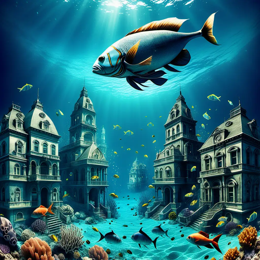 Lost under sea city under clear blue water with fish swimming 