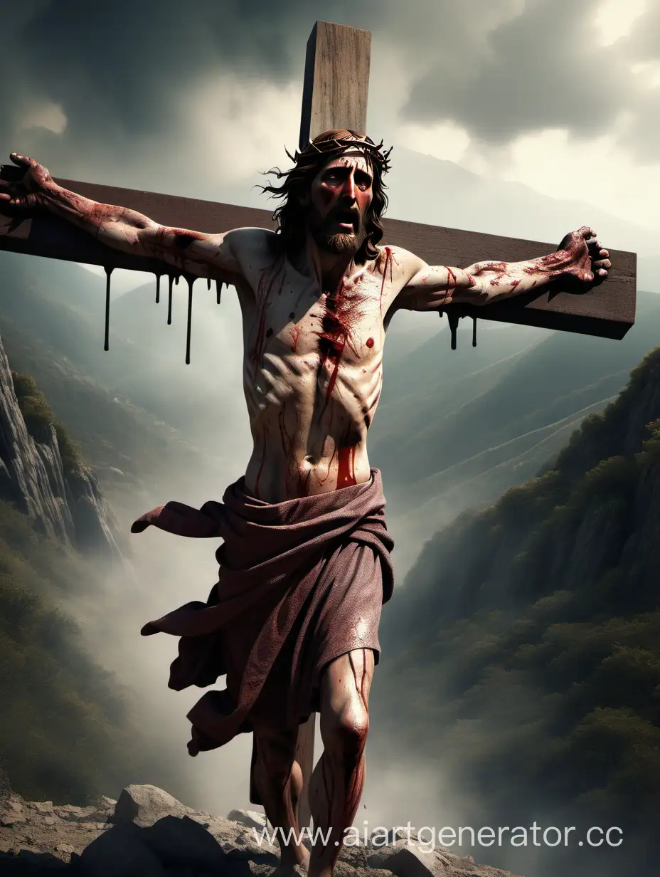 Иисус Зристос несёт на спине свой огромный крест в гору. Верхняя часть креста лежит на правом плече. Его мучительный взглад целеустремлён вперёд. Человек весь в садинах, перекачканый в кровь и пыль.