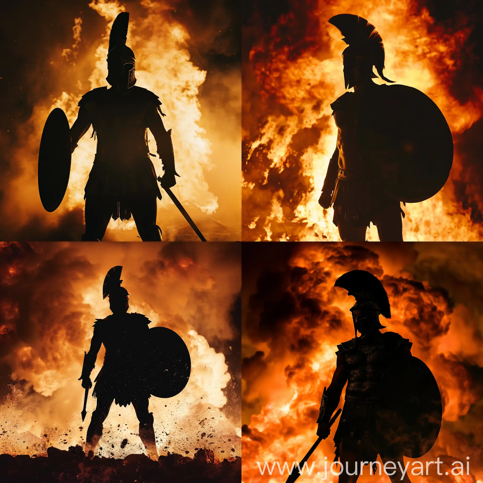 a silhouette of a Spartan warrior standing against a fiery backdrop,cinematic
