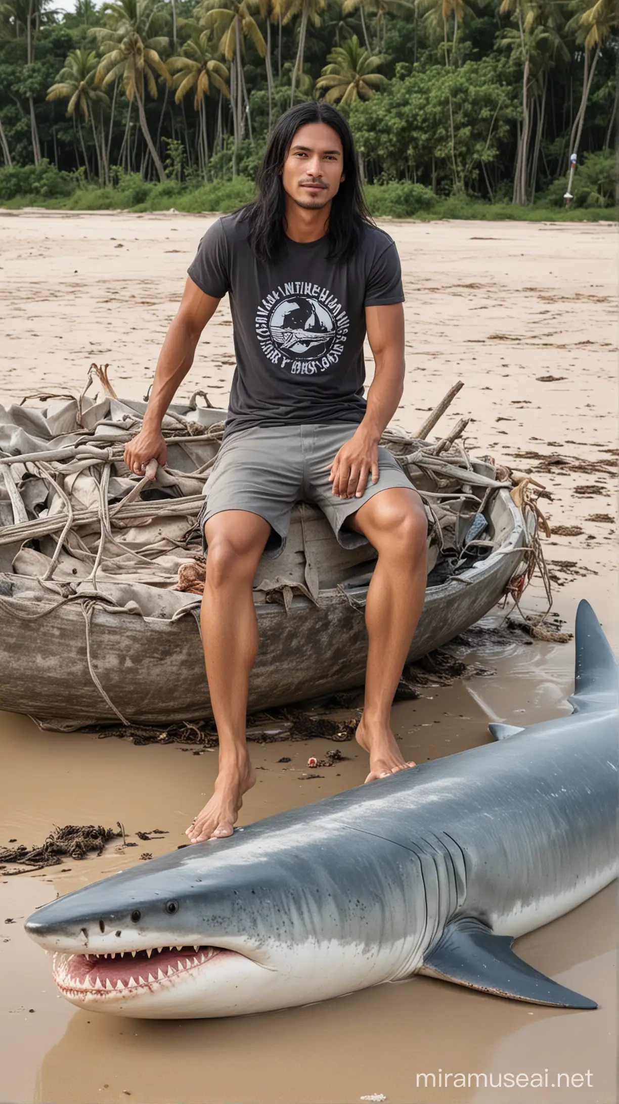Seorang pria dengan rambut panjang lurus dan berwarna hitam. Memakai kaos warna abu dan celana surfing bilabong duduk diatas kepala bangkai seekor hiu seukuran perahu dipantai Thailand. 