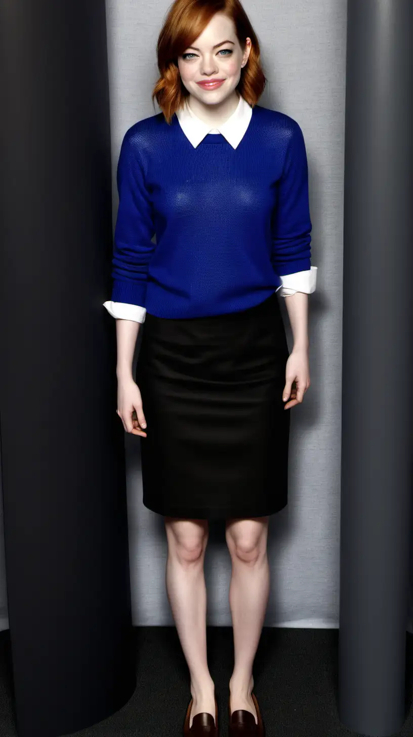 Emma Stone,  sourire d'ange , chemise blanche dépassant d'un pull col rond bleu roy et jupe crayon sexy très court en polyester noir et mocassins marron 