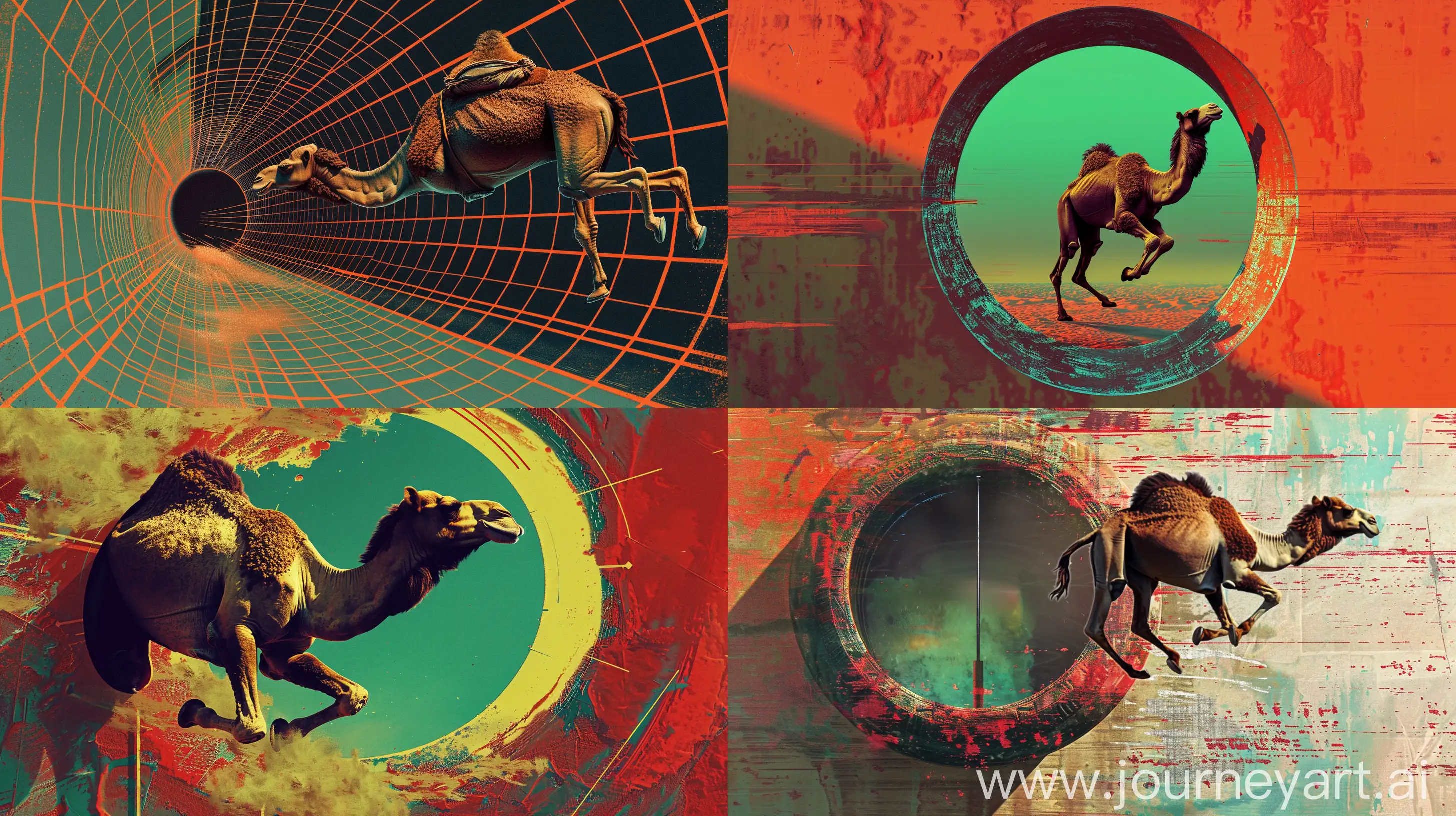 retrofuturistic film noi.a compeling and dramatized image where a fleeing camel suddeny finds itsef facing the eye of a needle. The scene should convey tension anddificuty,with the camel franticaly atempting to jump through the narow opening to escape a pursuer,like a ion.Use intense colors to emphasize the action and capture theemotion of the situation. Tryto make the absurdity of the endeavor evident, highighting the contrasting size of the camel and the eve of the nedl.The focus shoud be on thechallenge and drama of the moment. TEXT "JOTIS 2024" --v 6 --s 100 --ar 16:9 --c 0 --q 1
