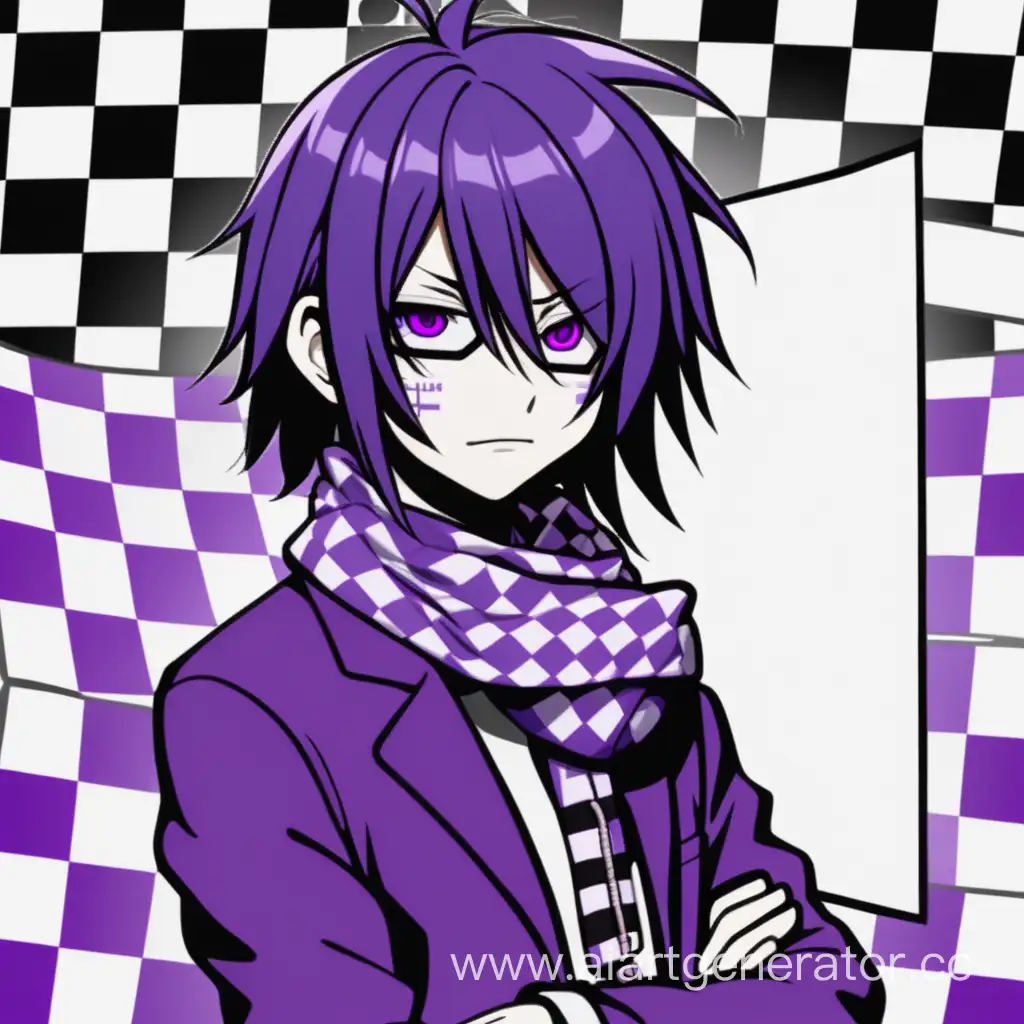 character Kokichi Ohma from Danganronpa, Kokichi Ohma character, anime style Danganronpa, purple hair not long not short, black and white checkered scarf

