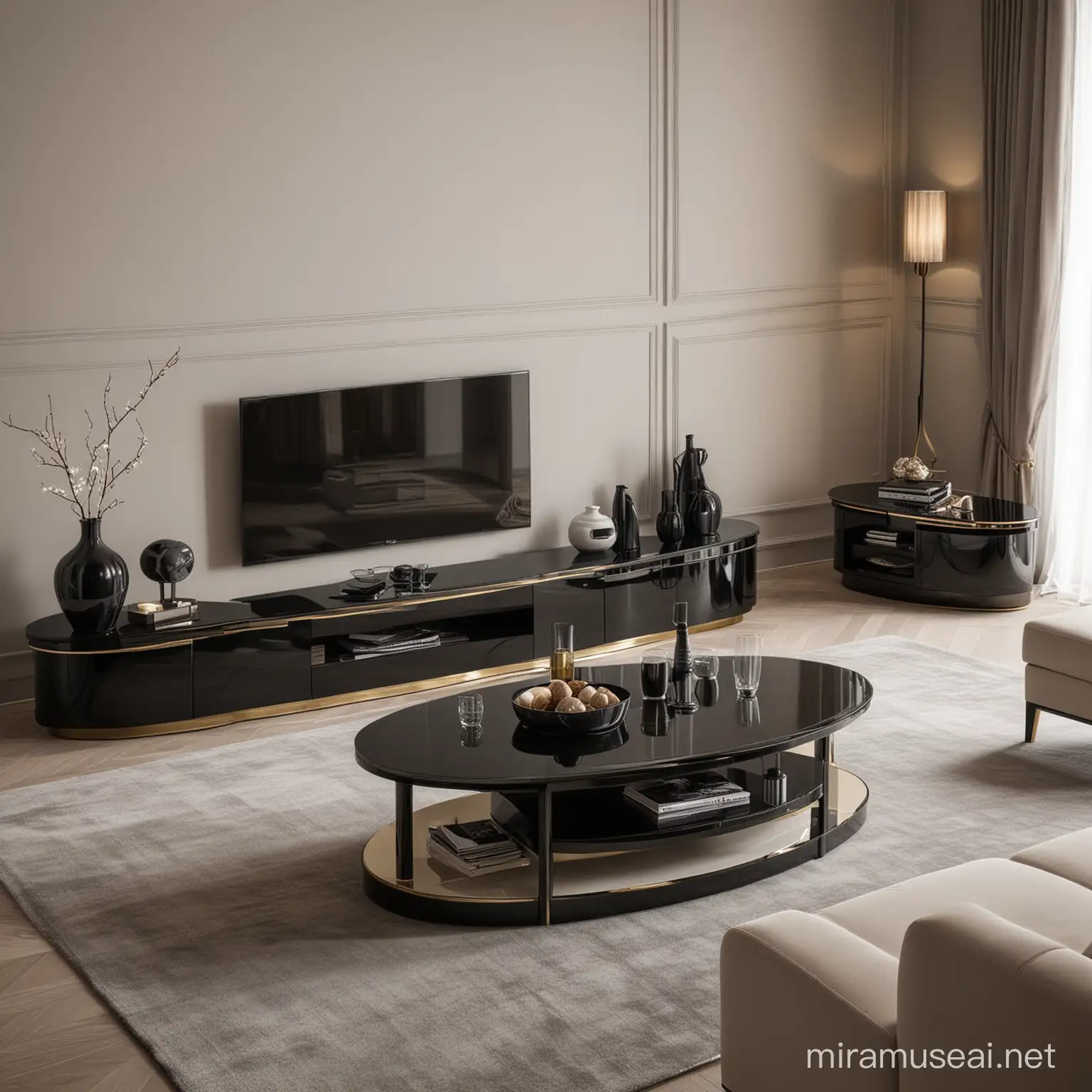 Luxury Oval Living Room Set with Modern Black Furniture Design