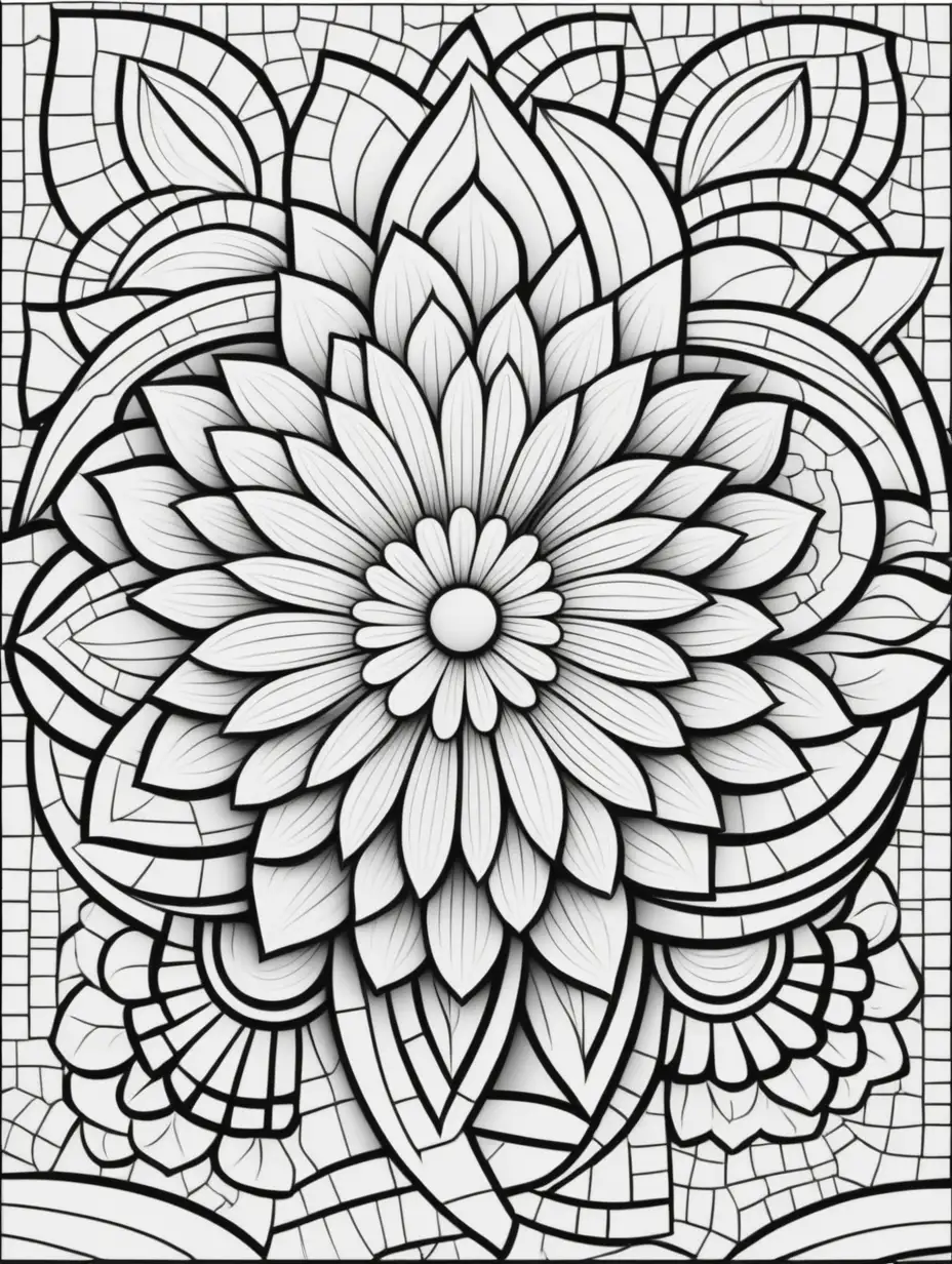 Abstract Mosaic Flowers Coloring Page with Thick Lines