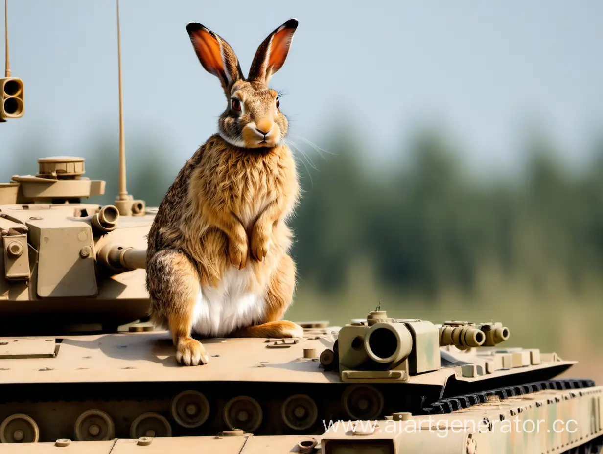 заяц военный сидит на танке