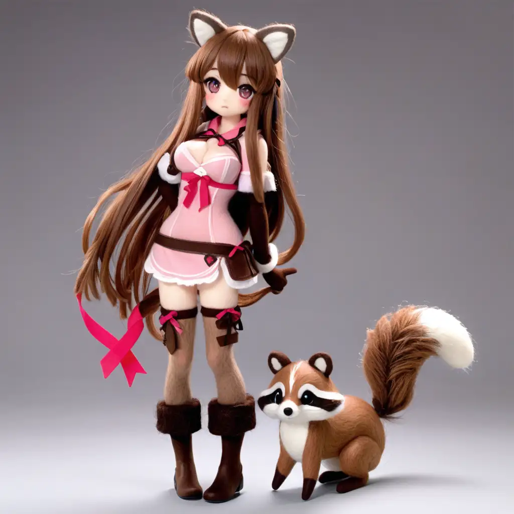 Needle Felt Sculpture of Raphtalia Solo Raccoon Girl with Pink Eyes and Thigh Boots