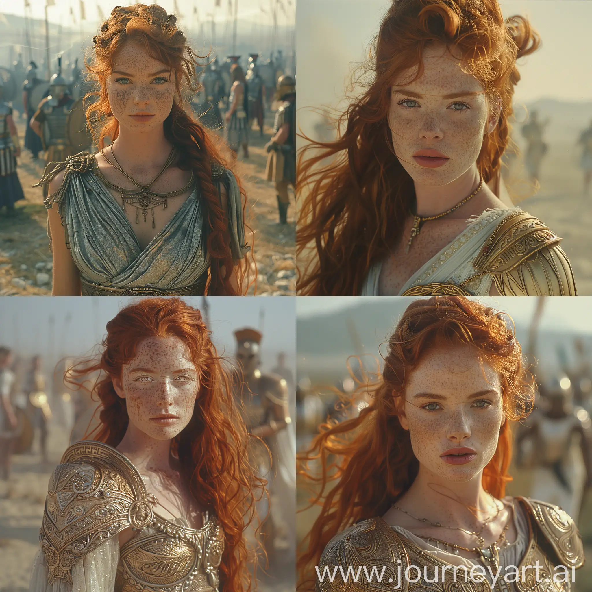 full body shot of a 30 year old redhead greek goddess,large ,no armor,in a battlefield,winking at the viewer,golden hour,foggy,windswept hair,regal pose,pale white skin with freckles,over the shoulder view,Ultra-HD-details,style by Dan Winters,RAW photography,film grain,(indistinguishable from reality:1.4),photo taken with a Bolex H16,Hyperrealistic art cinematic film still photography in the style of detailed hyperrealism photoshoot, --style raw --stylize 750