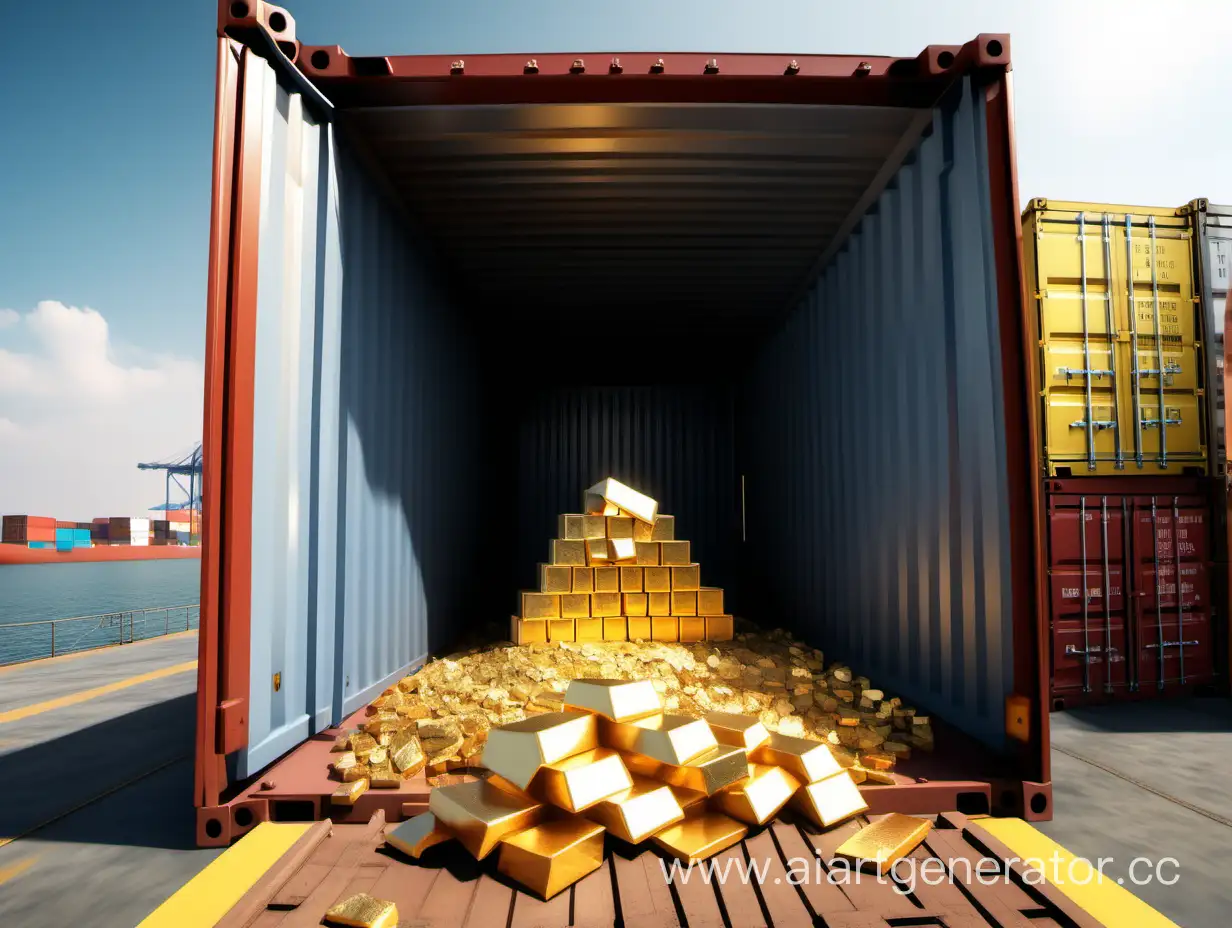 Cargo-Port-Scene-Unloading-Golden-Ingots-from-Open-Container-Doors