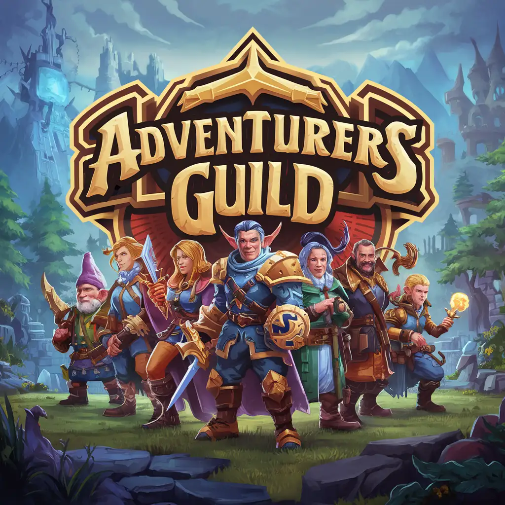 Fantasy Adventurers Guild Video Game Logo Cover Art Hero Party Quest with Warrior Mage Rogue Druid and More