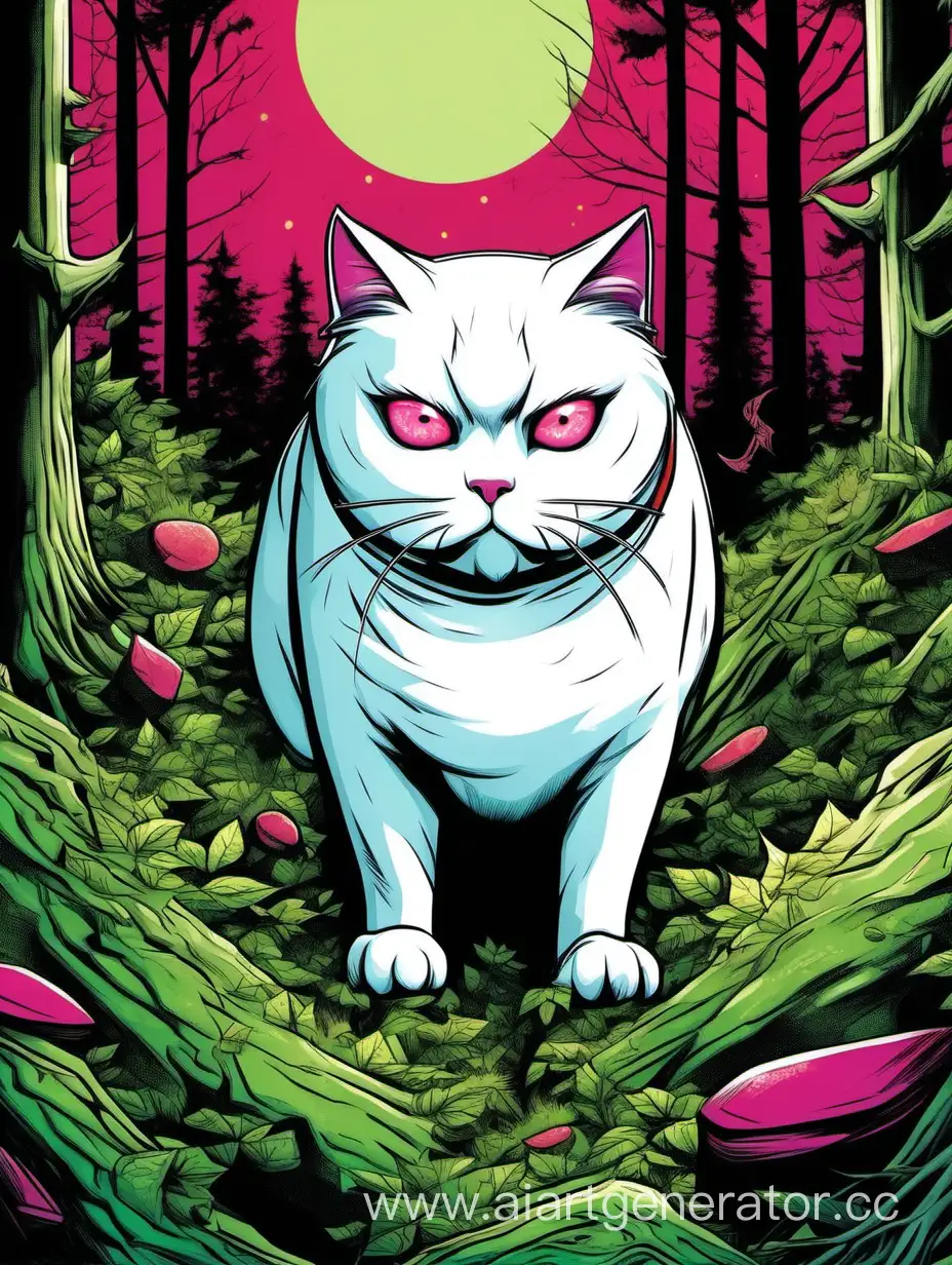 Comic-Cover-The-Limit-of-the-Forest-featuring-a-White-Fat-Cat-in-a-Green-Night-Forest