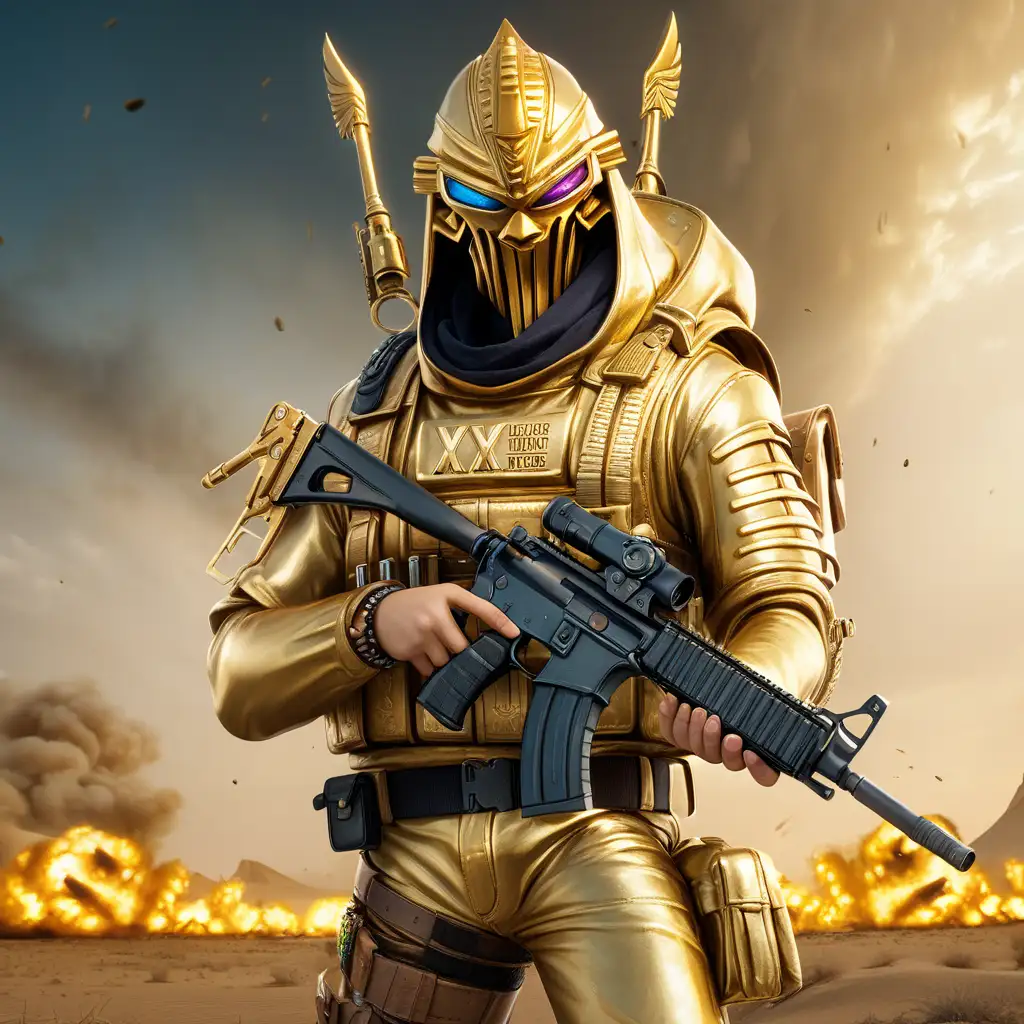 Create a logo of text " XOX " made of elegant gold behind a pubg Charecter with Pharaoh X Suit Mascot holding guns , lot of Guns and Granides . XOX text in front of battel field and dead bodies demonic realistic , epic battel background, robotic, nature, full shot, symmetrical, Greg Rutkowski, Charlie Bowater, Beeple, Unreal 5, hyperrealistic, dynamic lighting, fantasy art
