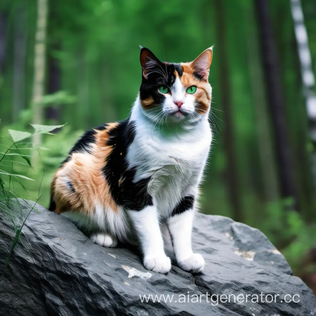 трёхцветный кот с тусклыми зелёными глазами сидит на скале в лесу