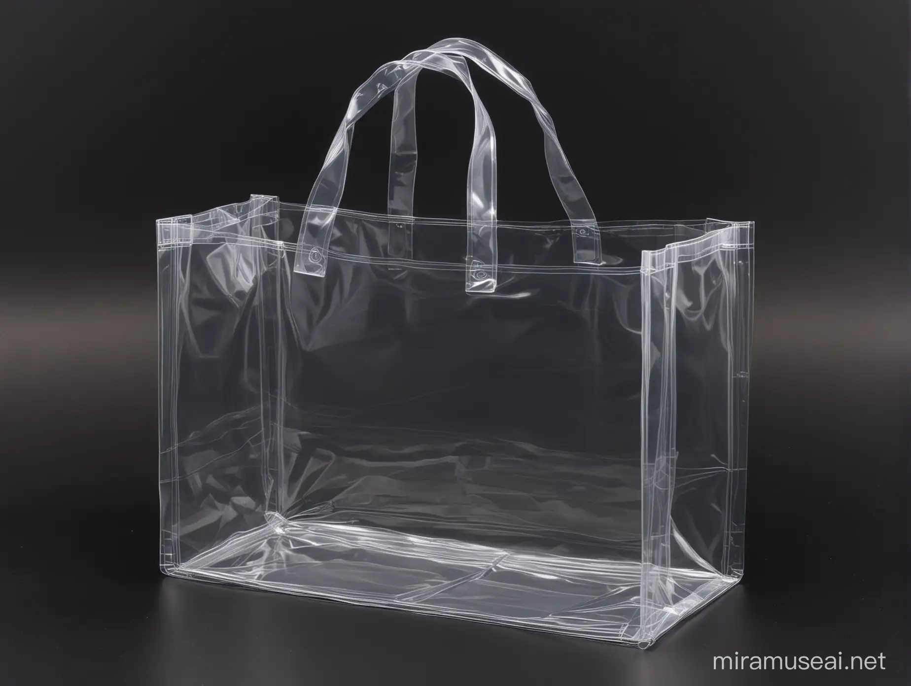 clear plastic tote bag on a black background. the plastic bag is the shape of a horizontally wide and vertically short rectangle. 