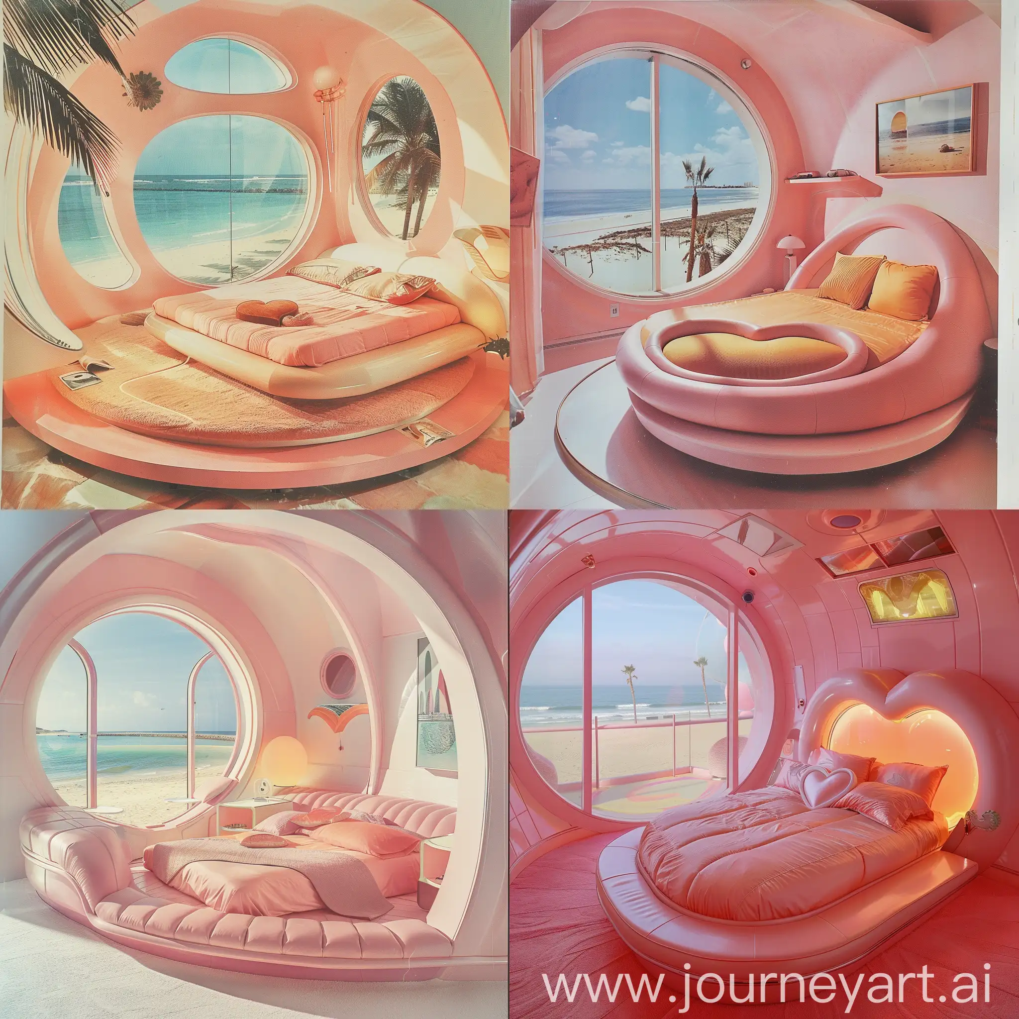 a retro futuristic pastel pink bedroom with a heart-shaped bed, a round window overlooking the beach, dvd screenshot from 1960s movie