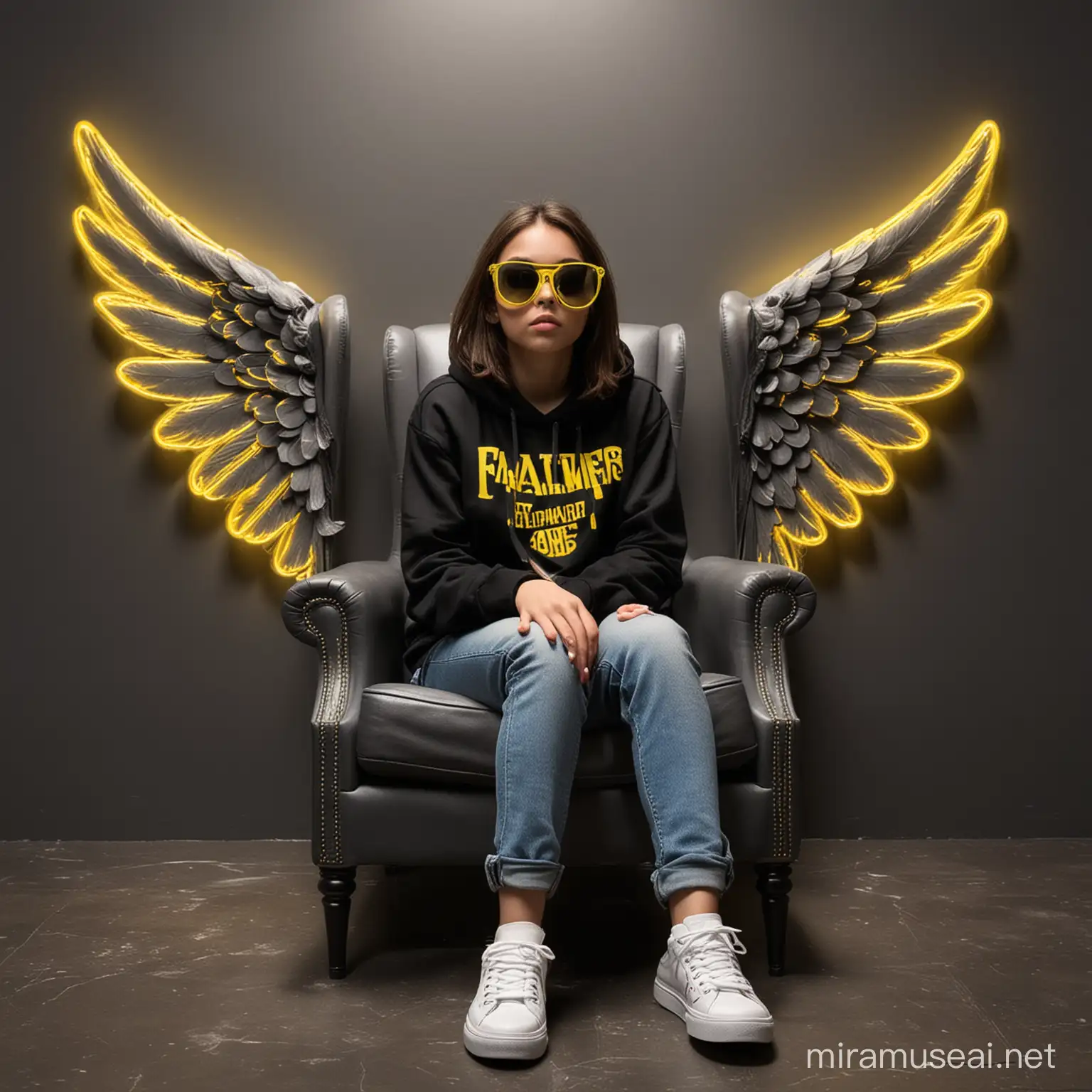 Casually Seated Teenage Girl with Fateme Neon Sign and Angelic Wings