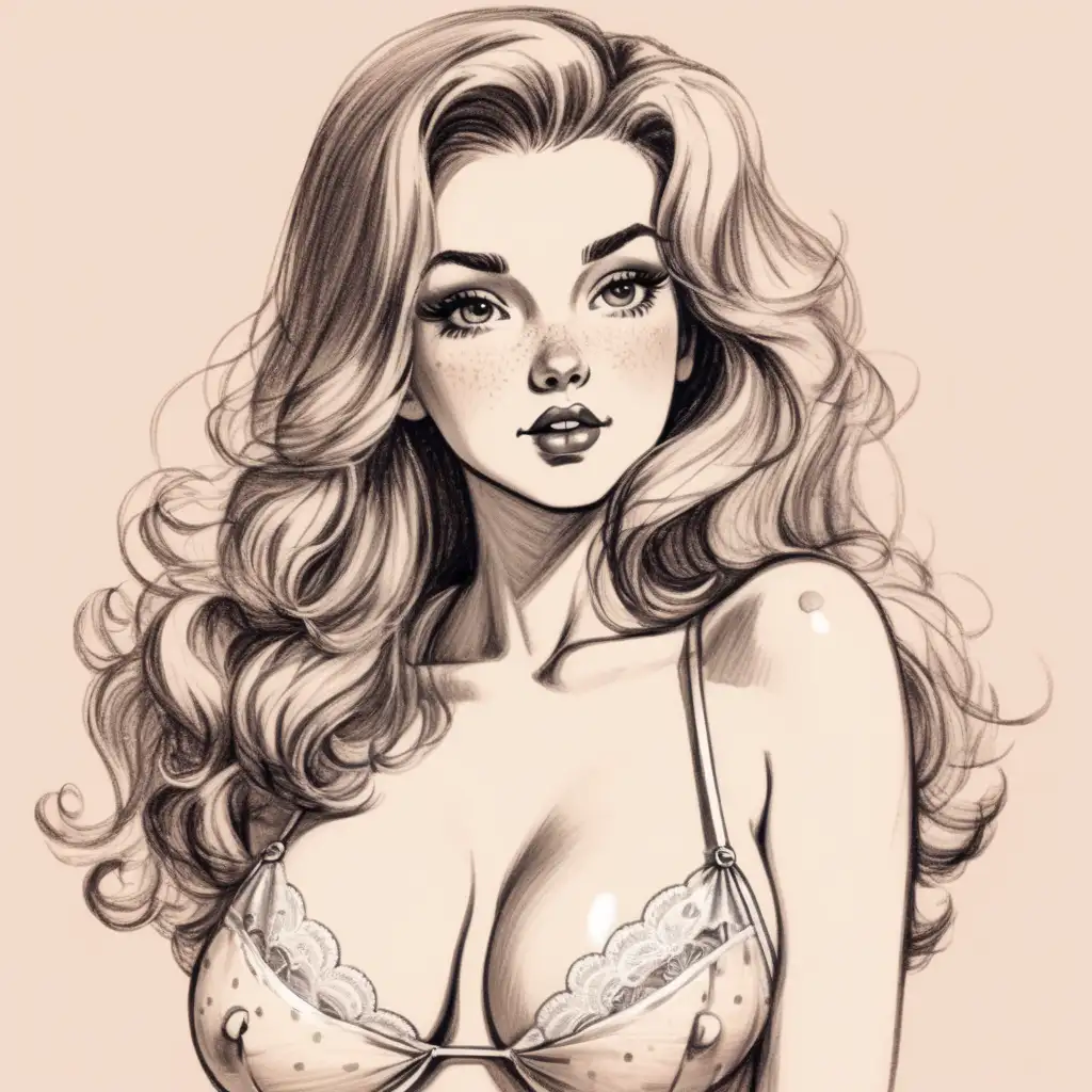 Beautiful, sexy, hot retro pinup girl in a sexy lingerie outfit, long hair, light makeup, blushing, faint freckles, full body, rough hand drawn, messy sketch style, show edges of the paper,