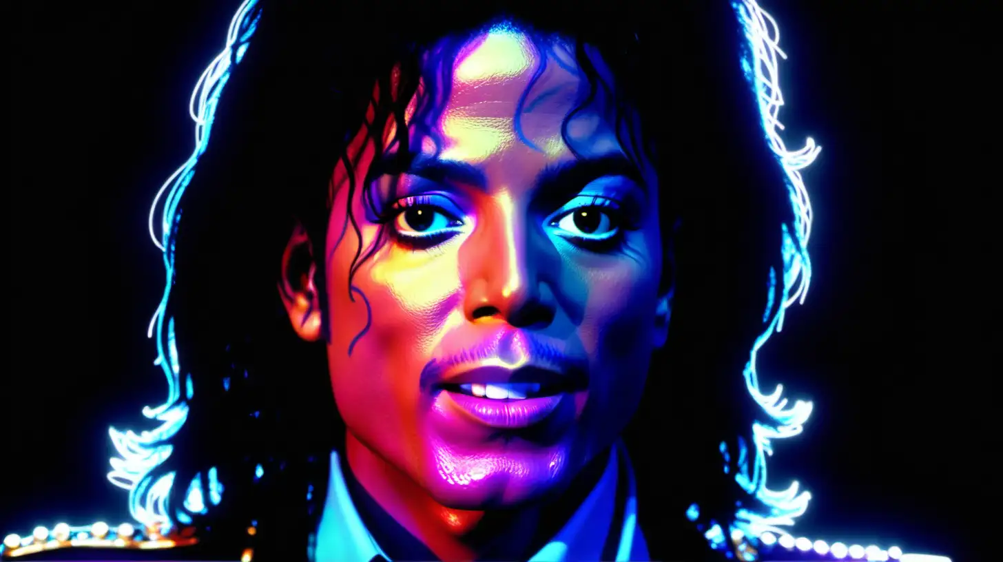 Closer cinematic shot of Michael Jackson  face singing Bad in music Video Bad A minimalistic neon narrative A real human hologram drawing of Michael Jackson with high contrast, black background, and bold vibrant colours --style raw --s 500 --ar 16:9 --v 6.0 