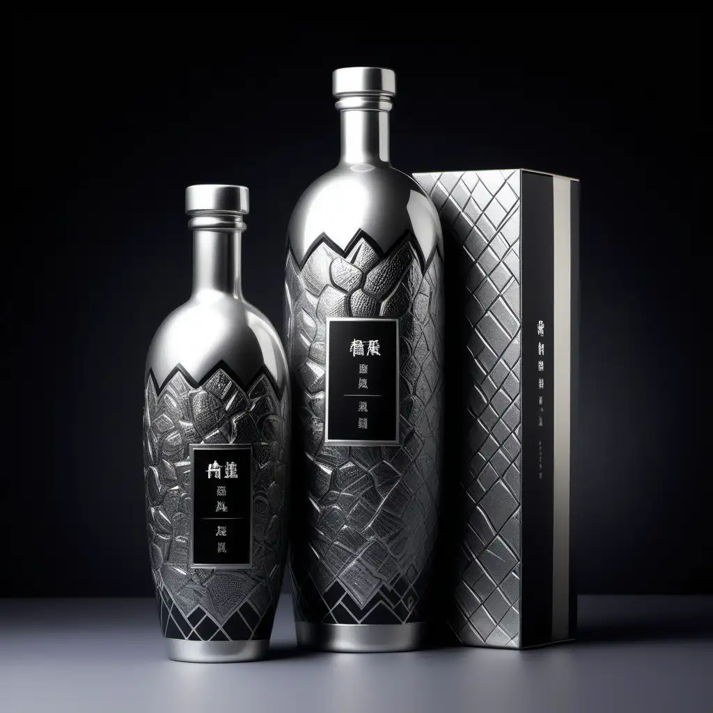 Modern health liquor packaging design, high end liquor, 500 ml ceramic bottle, photograph images, high details, silver and black texture, bold and exaggerated bottle shape, brand name is 玖莼