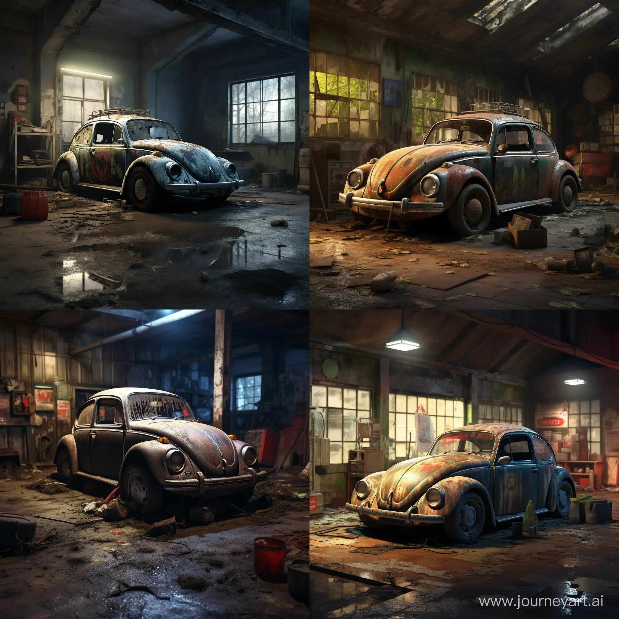 Vintage-Volkswagen-Beetle-in-Rustic-Garage-Setting