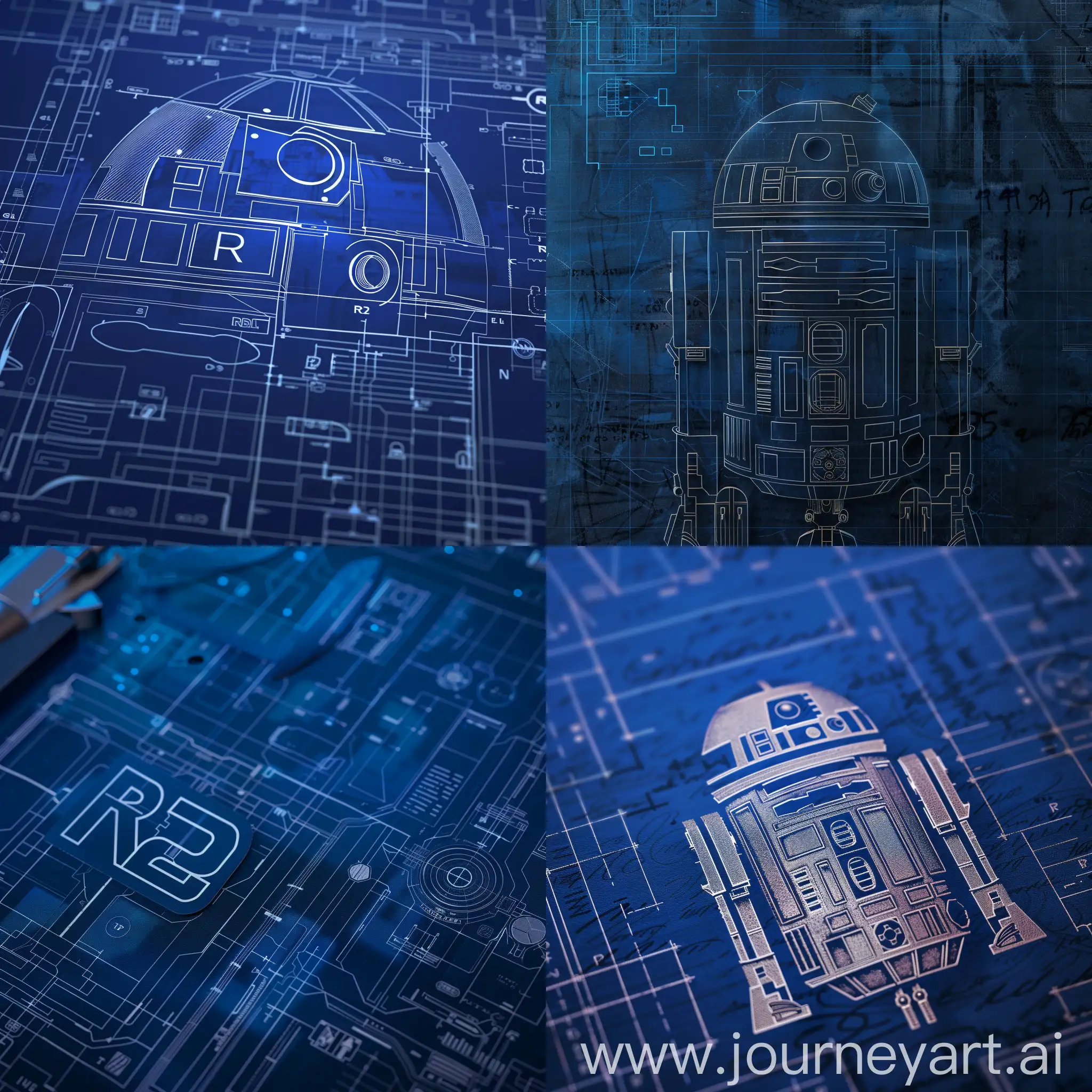 R2 logo in dark blue collors blueprint on back ground