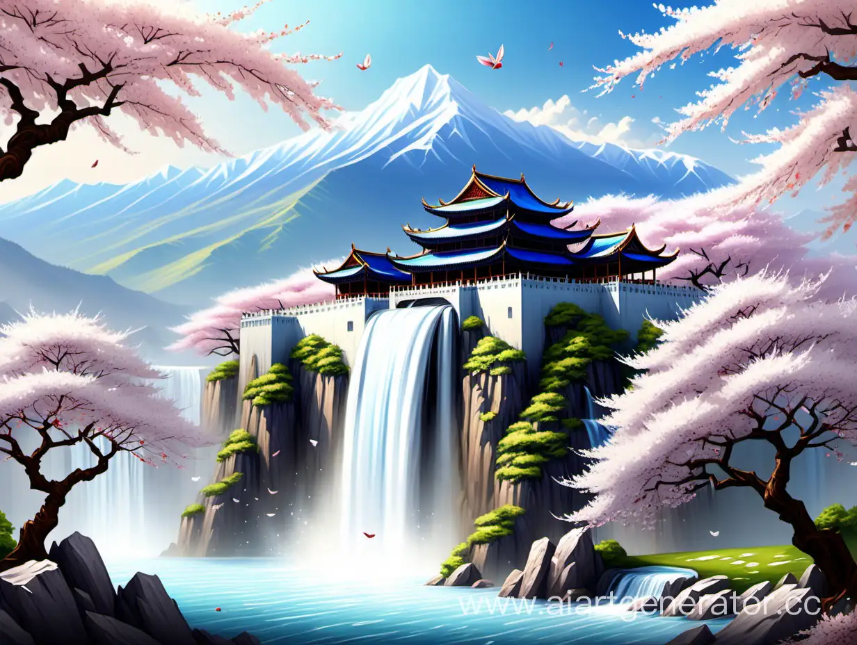 Majestic-White-Palace-Surrounded-by-Blossoming-Cherry-Trees-and-Glowing-Mountains