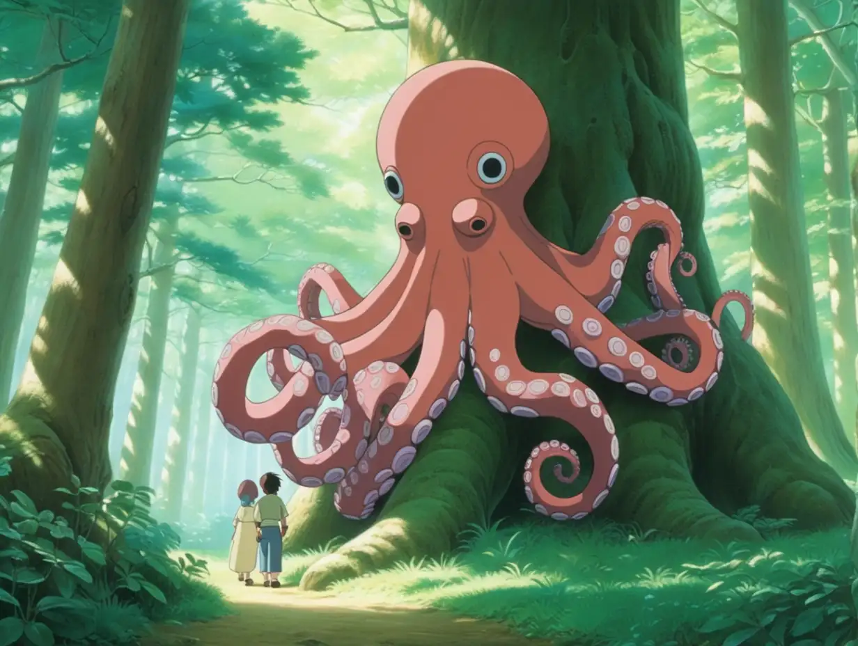 Enchanting Studio Ghibli Scene Octopus Embraces Tree in Mystic Forest