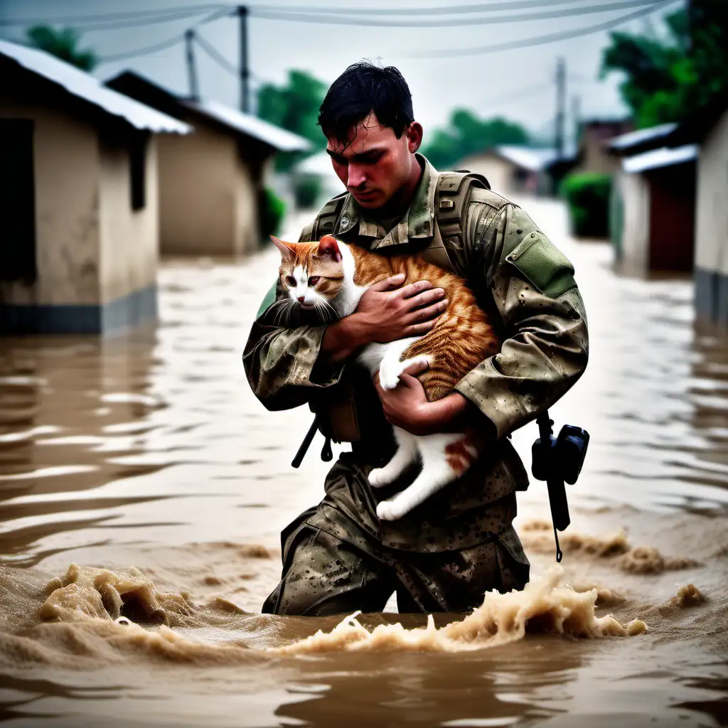 dramatic and heroic scene of a soldier rescuing a cat from floods, emotional and heartwarming, capturing bravery and compassion, documentary-style photography, high resolution, National Geographic quality, intense lighting, intense emotions, storytelling composition