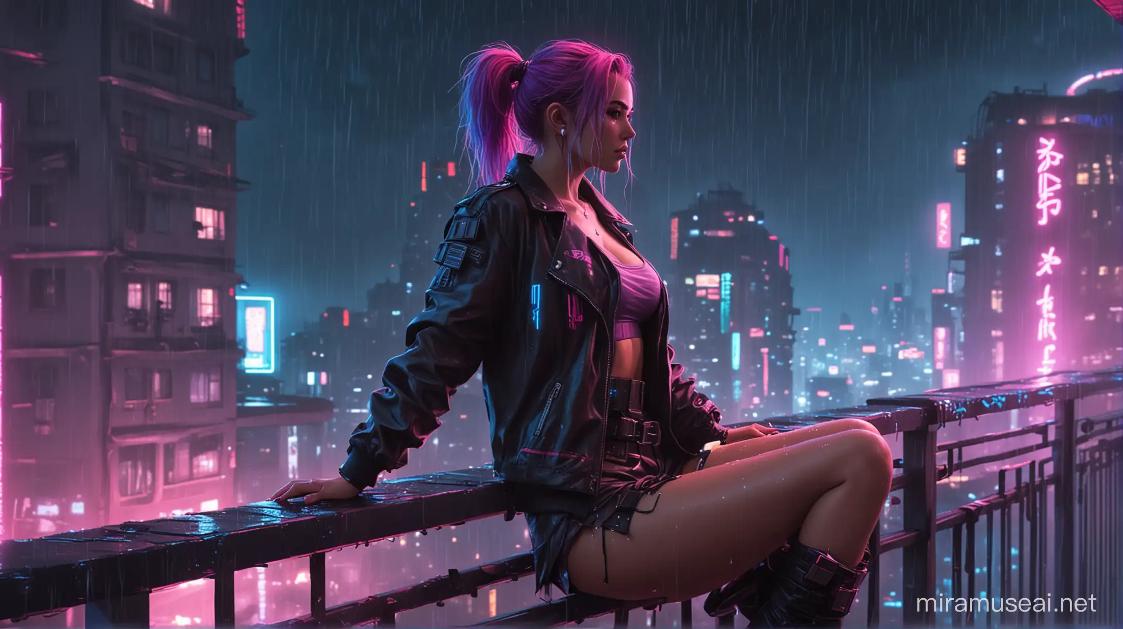 Cyberpunk Girl On Balcony In Neon Pink And Blue Rain Muse Ai