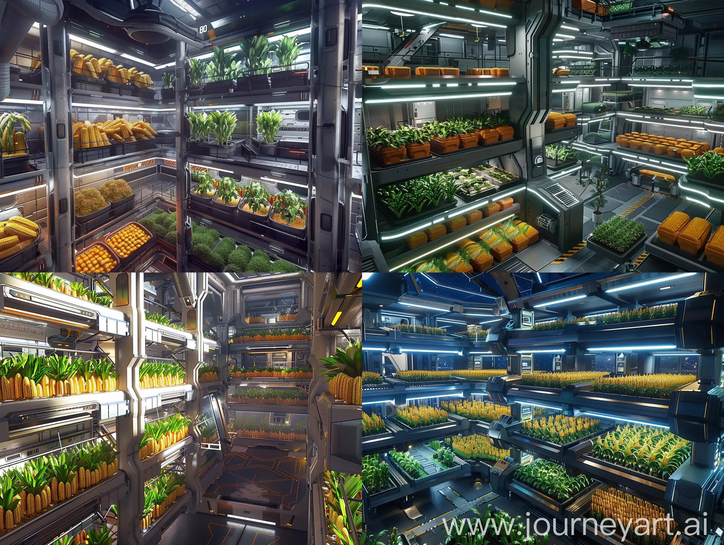 An interesting concept of a huge plantation on the space station is several floors. unusual shapes of containers with corn plants, in the style of star citizen. There are many technical rooms on the base about hydroponics and plant breeding. an interesting design of an extensive agricultural complex. 8 K. ultra realistic. unreal engine