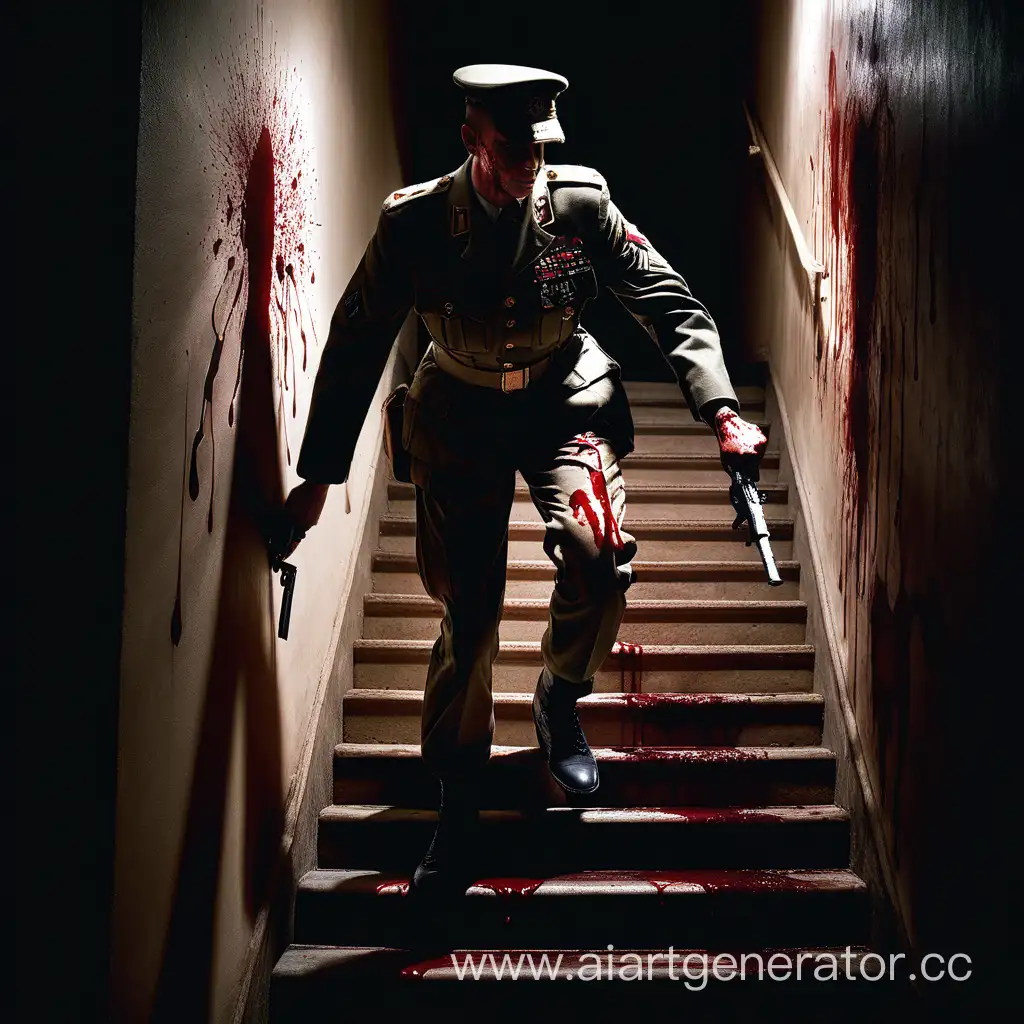 A man in a military uniform, with a weapon and blood on his military uniform in a dark room goes down the stairs, holding his palm against the wall, leaving a bloody trail on the wall.