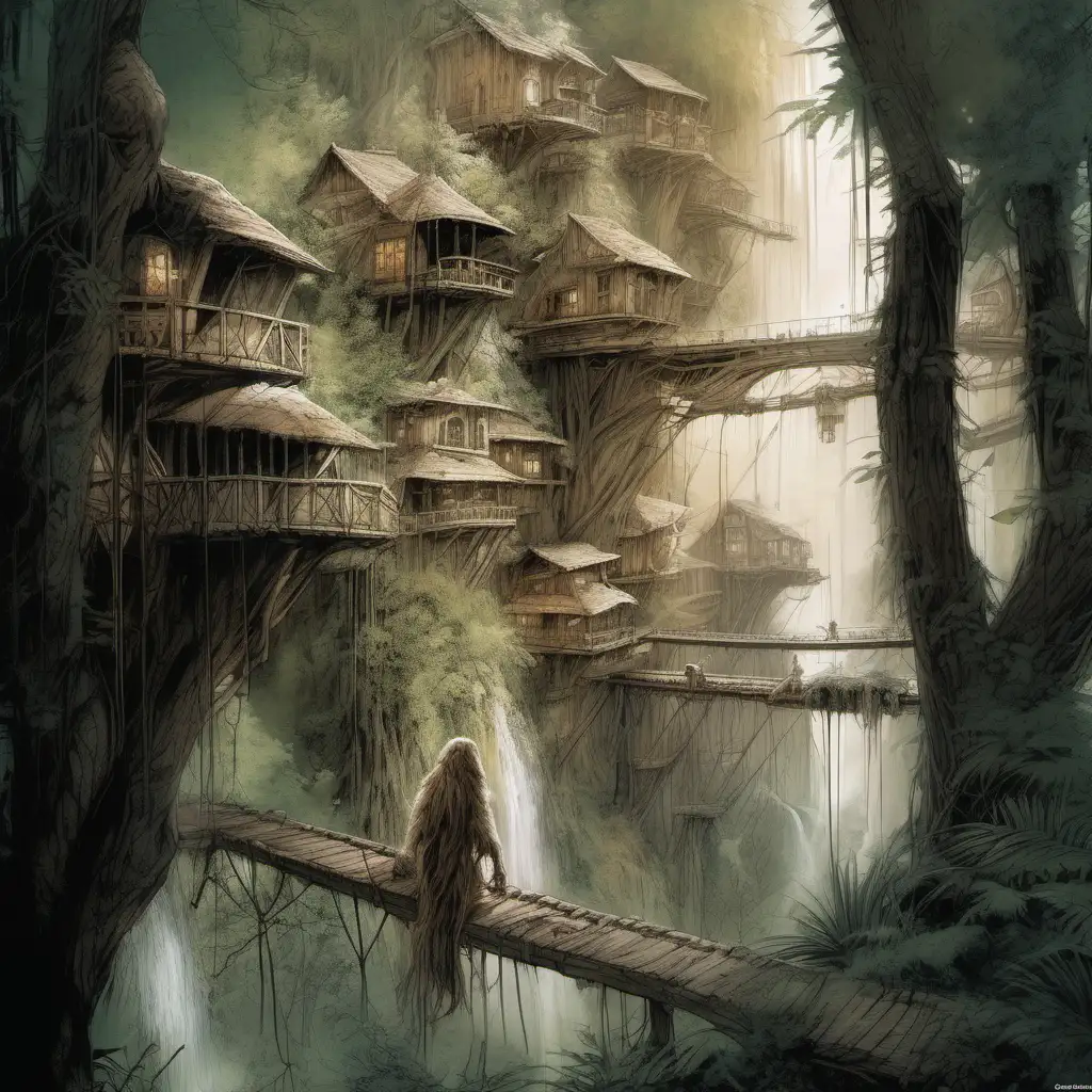 Enchanting Ewok Tree City Vibrant Luis RoyoInspired Fantasy Illustration