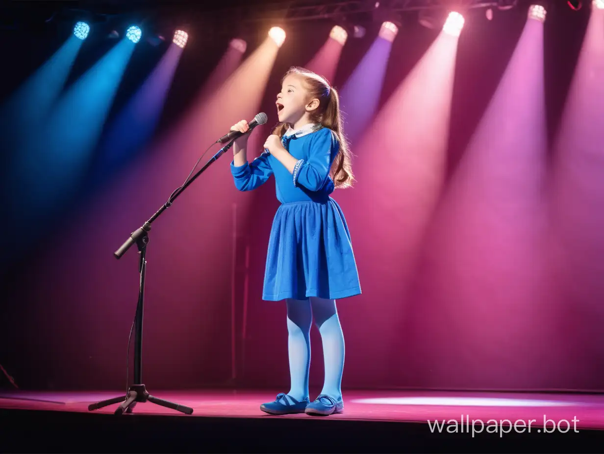 Children's Music Hall girl 12 years old, full height, in a blue blouse, without a skirt, in pink nylon tights, sings a cheerful song on stage under the spotlight, color photo