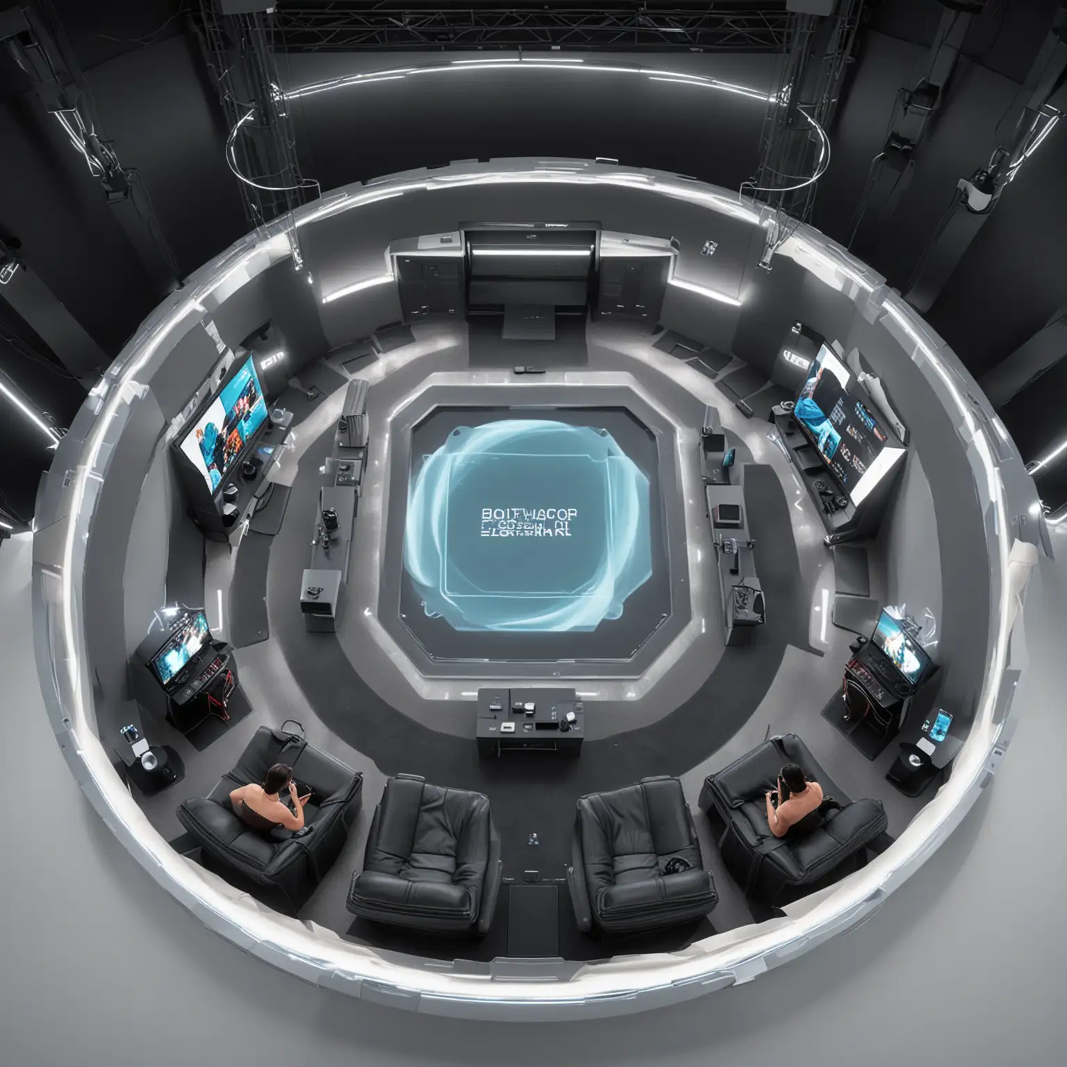 top view ai hologram bright virtual reality room with large screen and theather furniture bright modern colors with ai technology  white floors high tech ai funiture movie theather and dimmed lighting dark room top view of movie playing large hologram virtual reality room theather top view