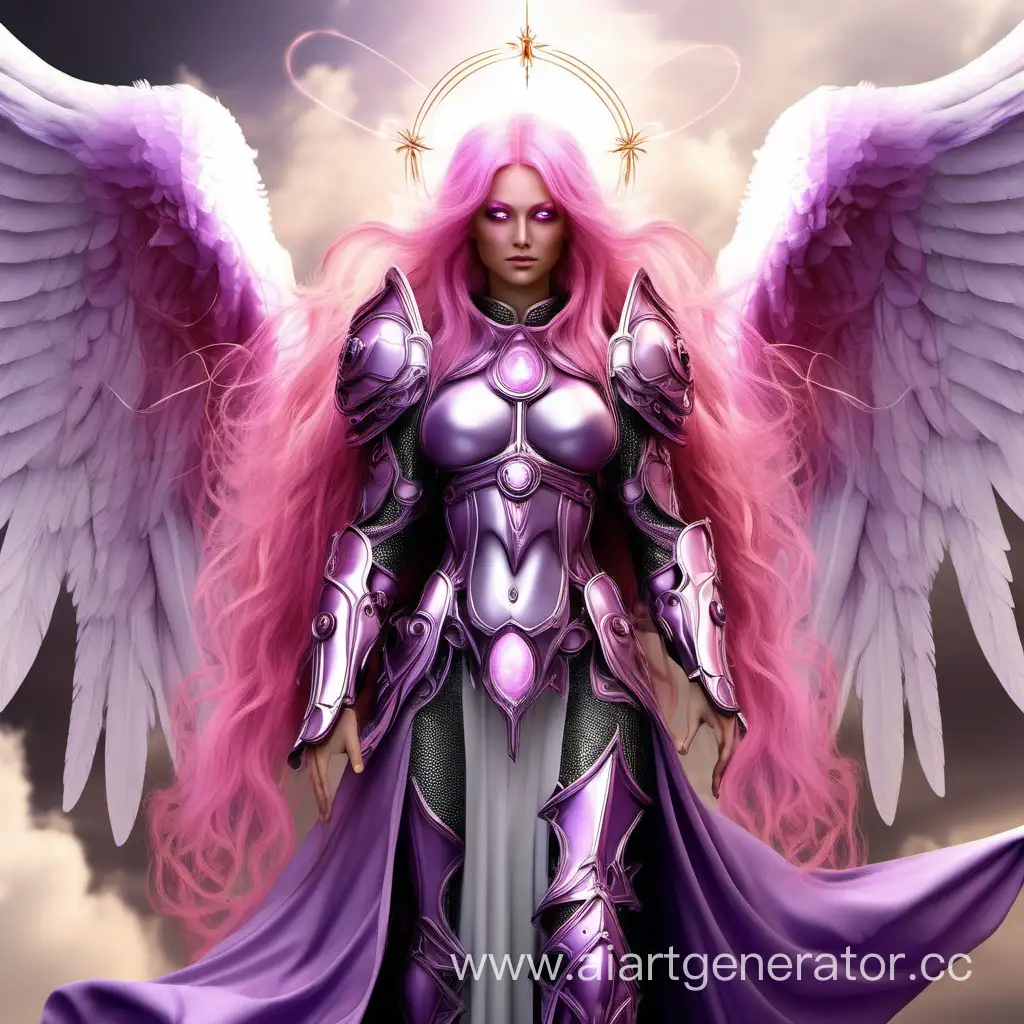 Фентези женщина-ангел с четырьмя крыльями ангела и нимбом. Длинные розовые волосы и фиолетовые глаза. Одета в ангельскую броню без шлема