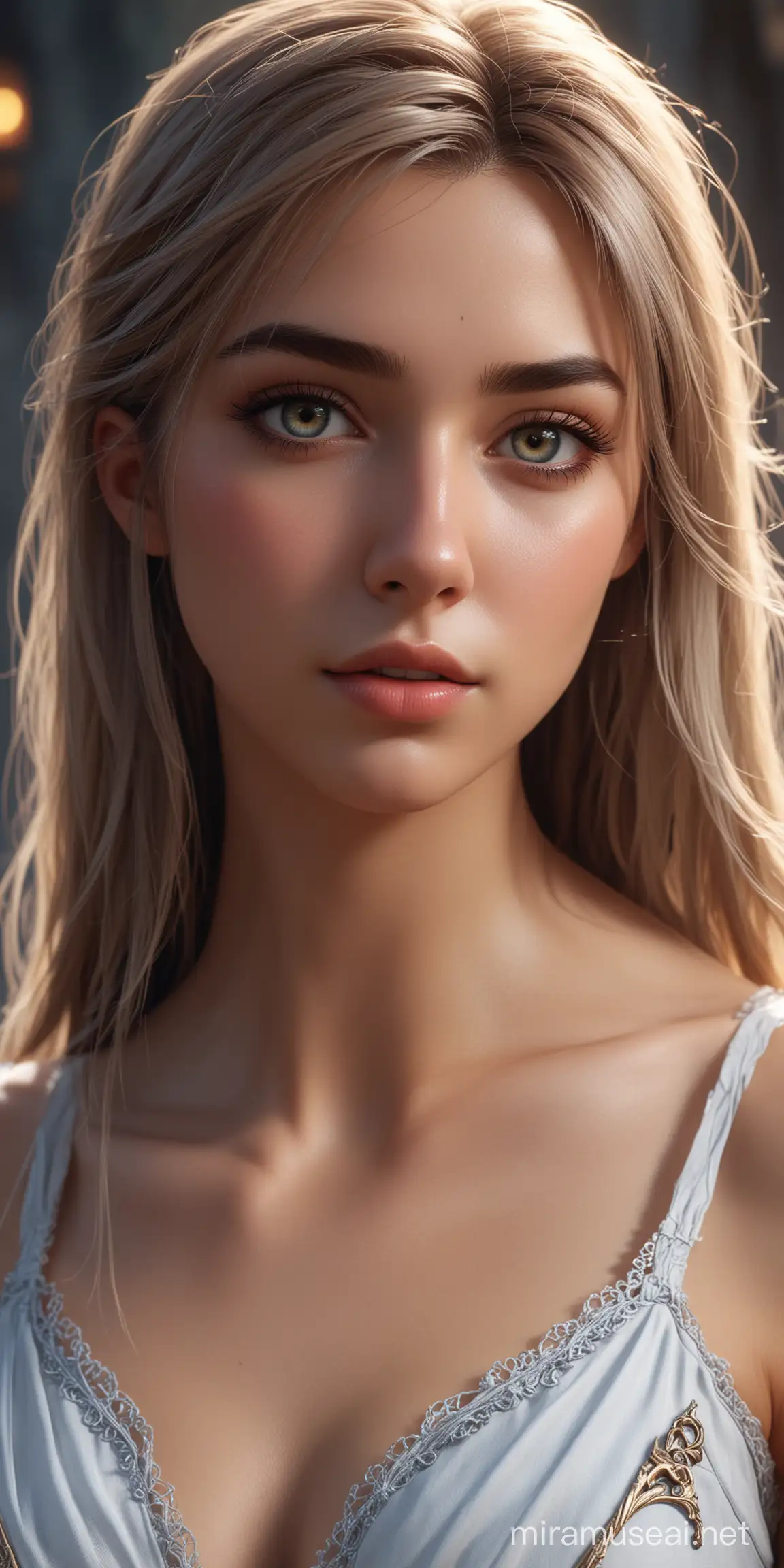 Very beautiful realistic fantasy girl, dholpin element scholar, background fantasy isekai, super detail, cinematic lighting, focused medium shot, UHD, perfect anatomy
