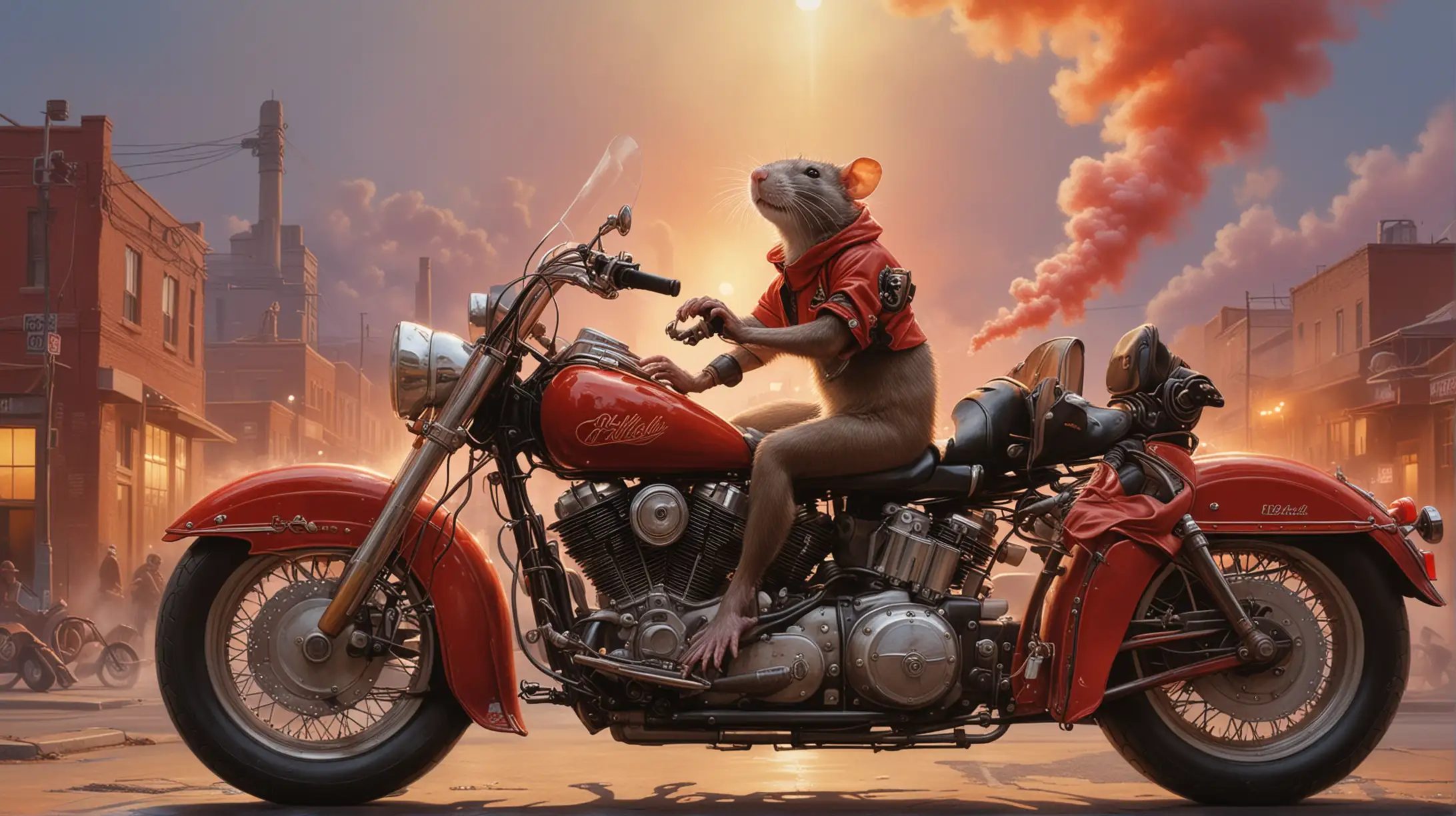 David Uhl realistic painting depicting a rat sitting on a Harley Electra motorcycle and red smoke mist in double exposure style, in miniswimwear, at a industrial city, low angle view, highly detailed, high contrast