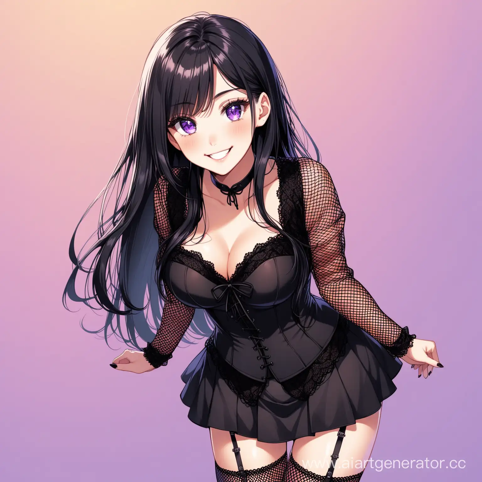 Playful-Young-Woman-in-Stylish-Black-Ensemble-with-Purple-Eyes