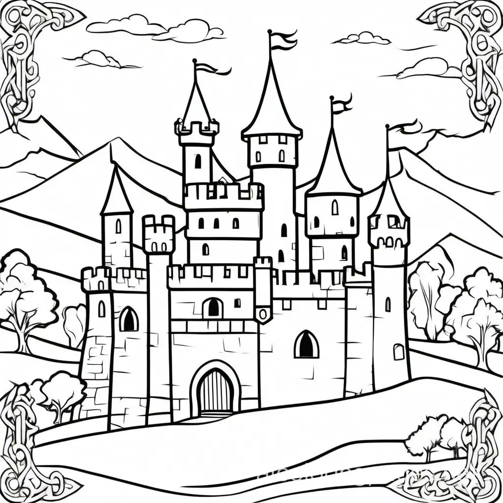 Medieval Castles, Coloring Page, black and white, line art, white background, Simplicity, Ample White Space. The background of the coloring page is plain white to make it easy for young children to color within the lines. The outlines of all the subjects are easy to distinguish, making it simple for kids to color without too much difficulty