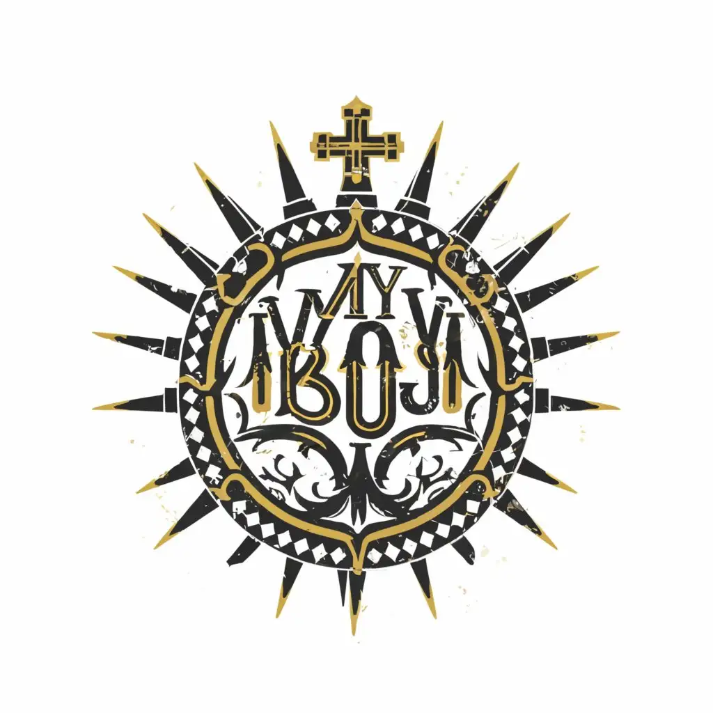 a logo design,with the text "MY BOY JC", main symbol:camp crown with 7 spikes, cross on top of crown in center,complex,be used in Religious industry,clear background
