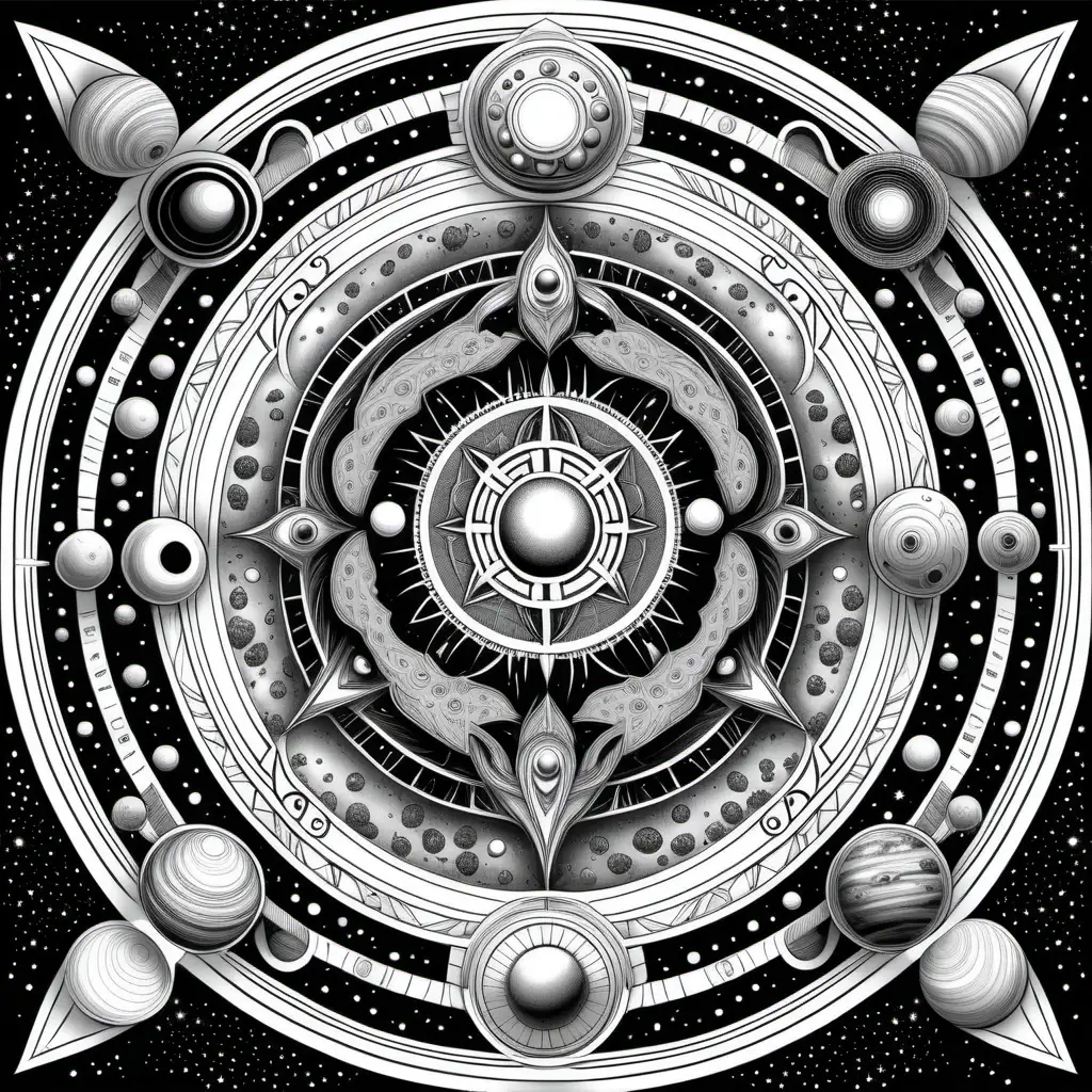 Adult coloring book. Draw animals that inhabit distant planets in a unique interstellar ecosystem. Black and white, no shading, no color, thick black outline, Symmetrical mandala with space-themed frame.