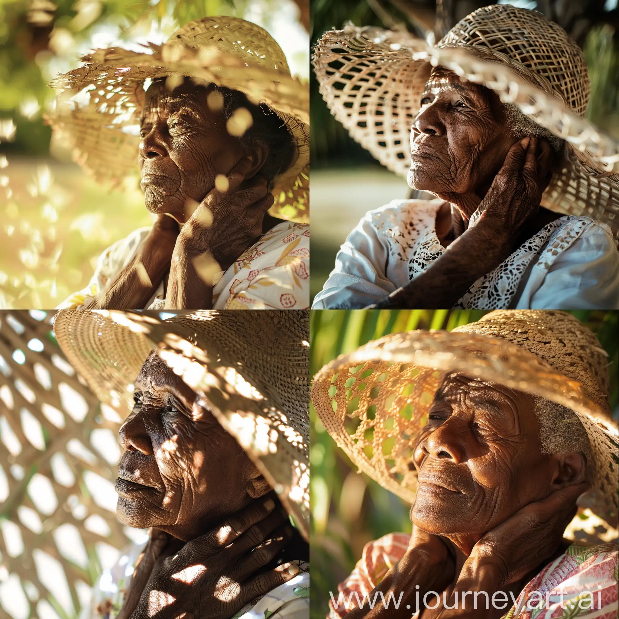 Old-African-Woman-in-Straw-Hat-Holding-Neck-on-Sunny-Day